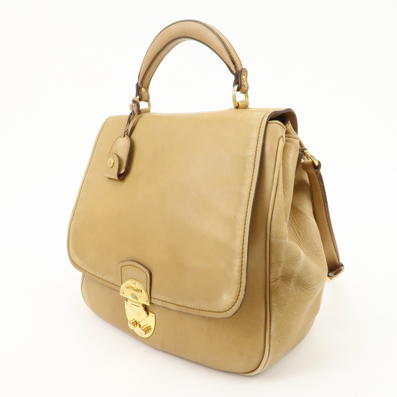 miu miu leather 2way shoulder bag hand bag beige used miu miu leather 2way shoulder bag hand bag beige used