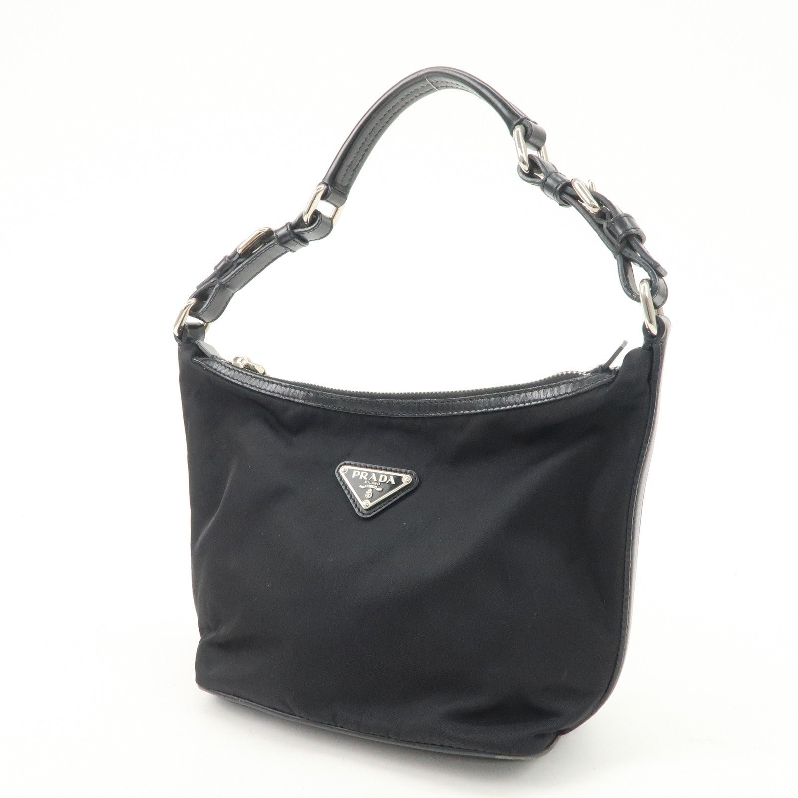 prada triangle logo nylon leather shoulder bag hand bag black br3121 used prada triangle logo nylon leather shoulder bag hand bag black br3121 used