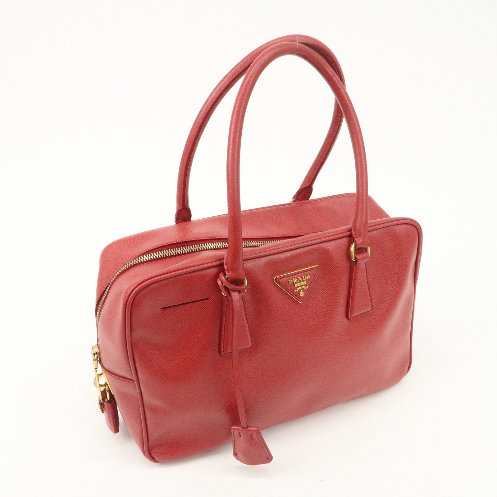 prada triangle logo saffiano leather boston bag hand bag red bl0095 used prada triangle logo saffiano leather boston bag hand bag red bl0095 used