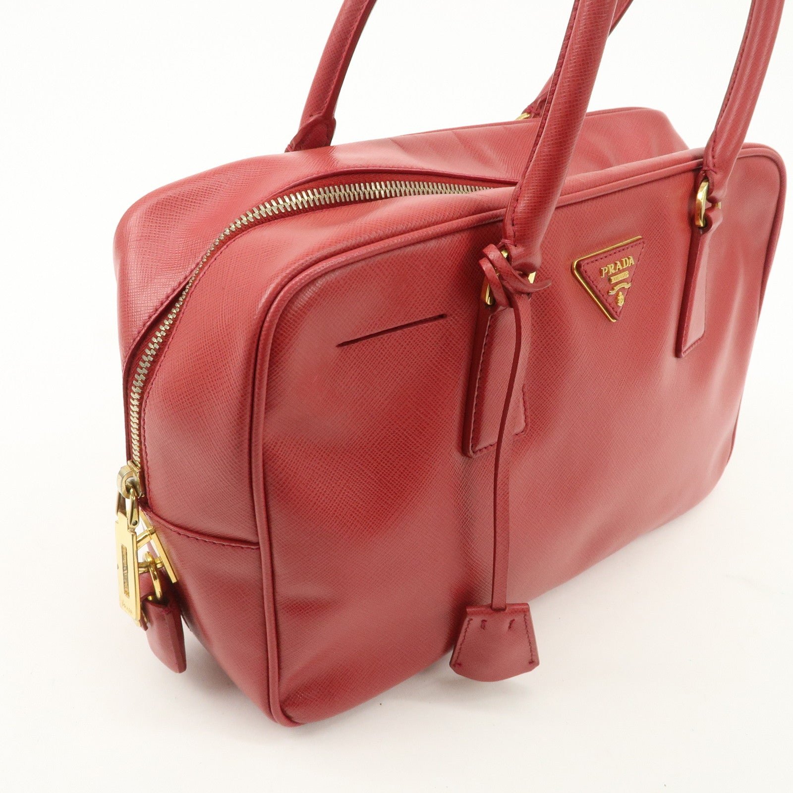 prada triangle logo saffiano leather boston bag hand bag red bl0095 used prada triangle logo saffiano leather boston bag hand bag red bl0095 used