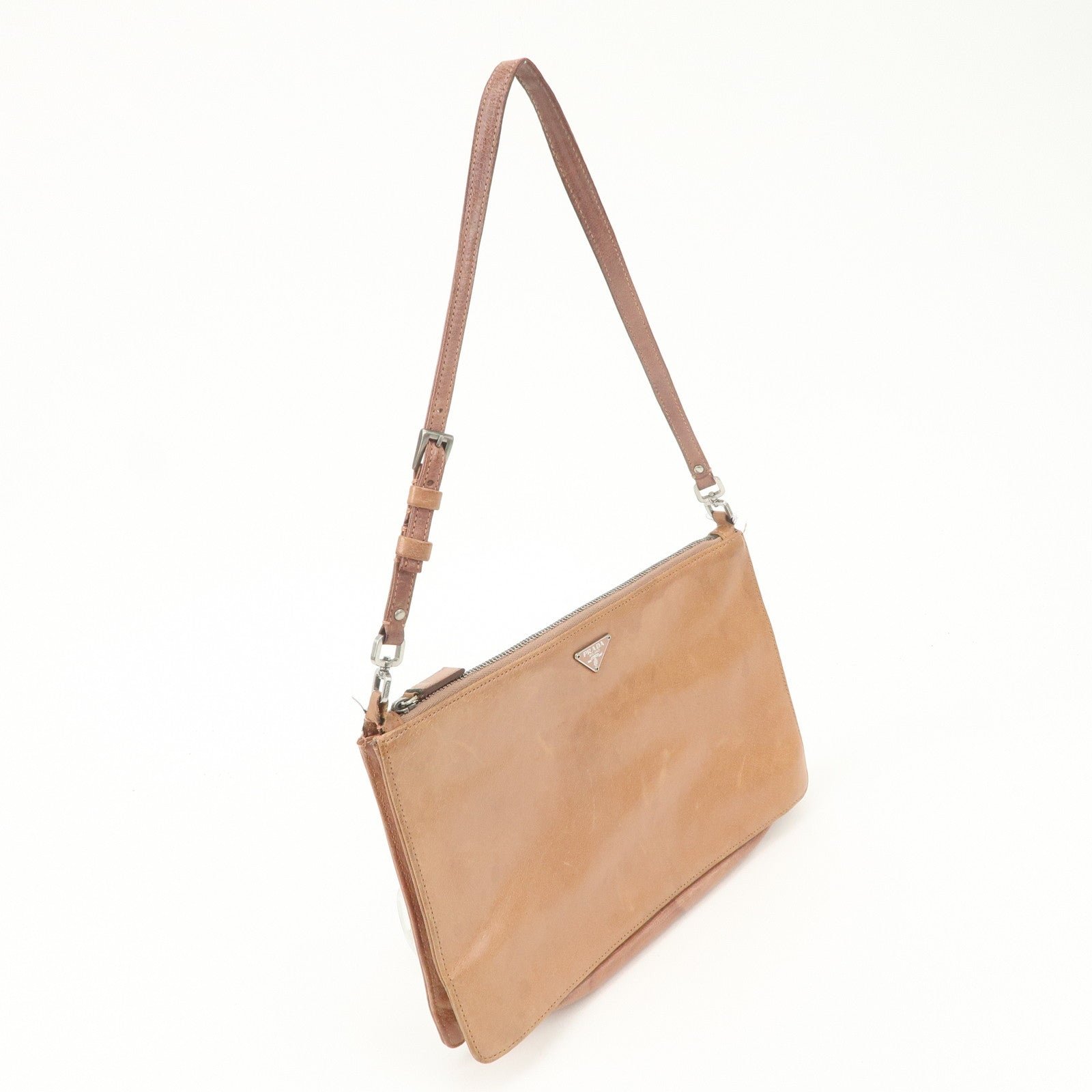 prada triangle logo leather shoulder bag hand bag brown used prada triangle logo leather shoulder bag hand bag brown used