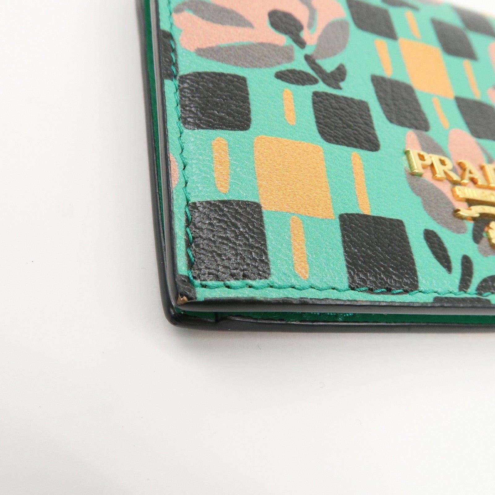 prada leather compact wallet floral print green gold hdw 1mv204 used prada leather compact wallet floral print green gold hdw 1mv204 used