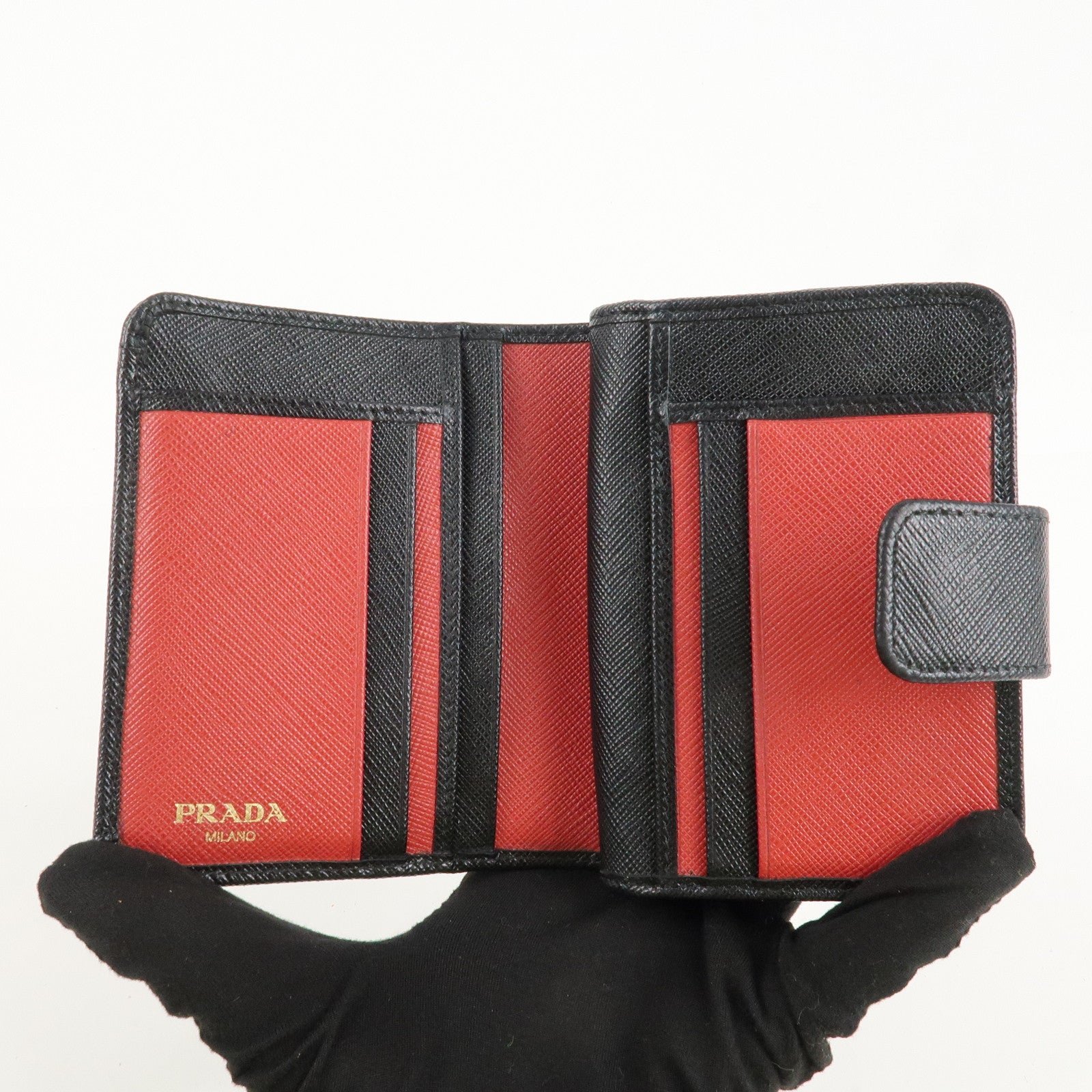 prada saffiano leather bi fold wallet black red gold 1ml018 used prada saffiano leather bi fold wallet black red gold 1ml018 used