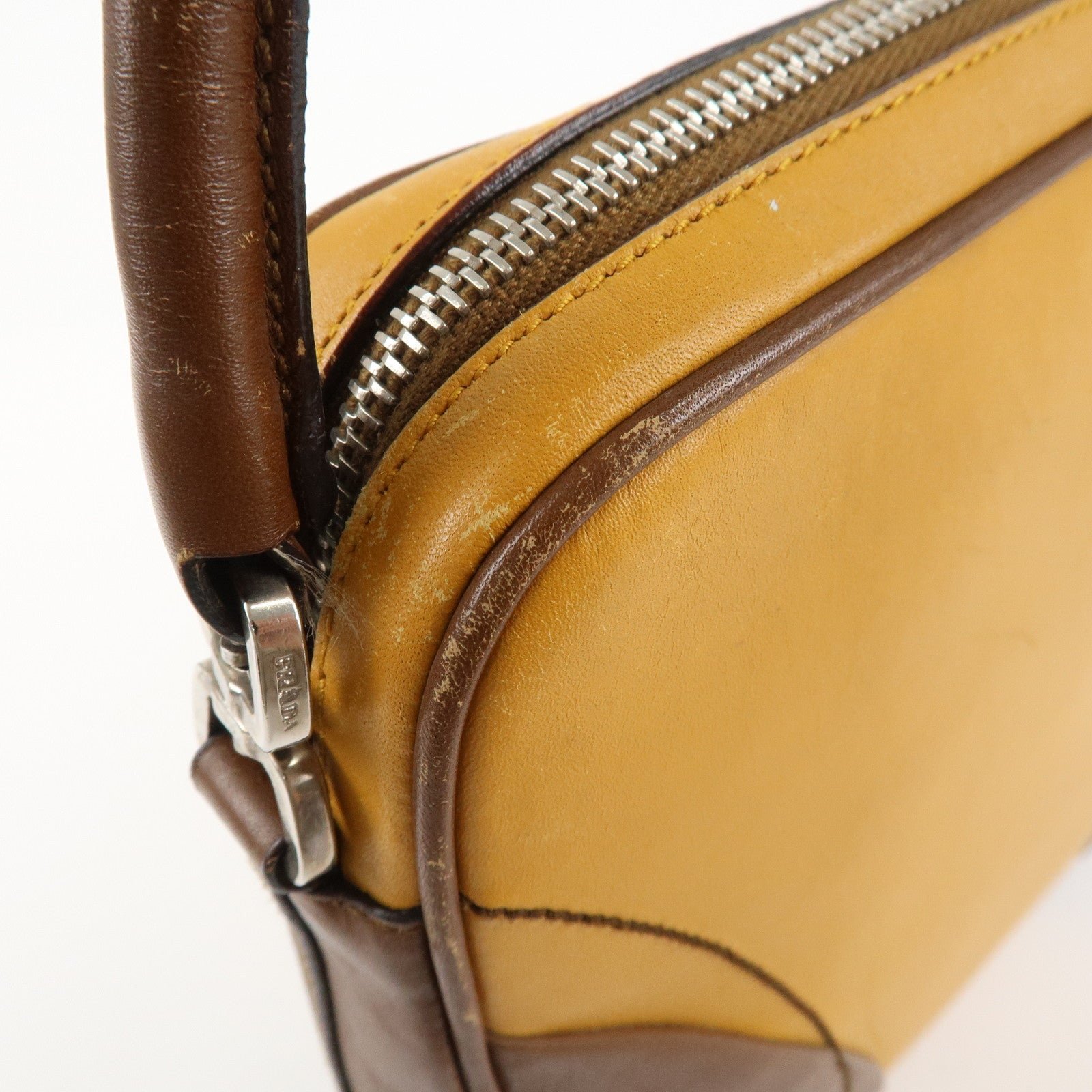 prada leather shoulder bag hand bag bi color mustard brown used prada leather shoulder bag hand bag bi color mustard brown used