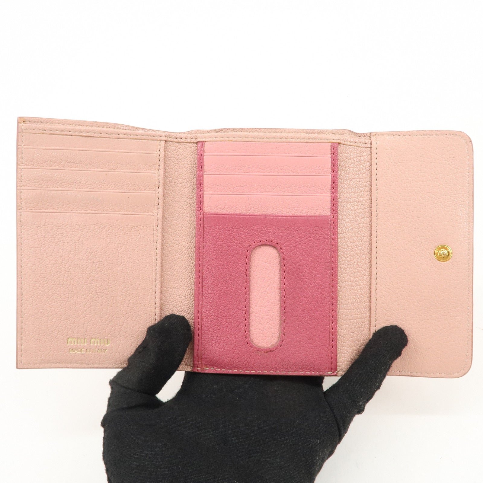 miu miu leather double hook bi fold wallet pink gold hardware used miu miu leather double hook bi fold wallet pink gold hardware used