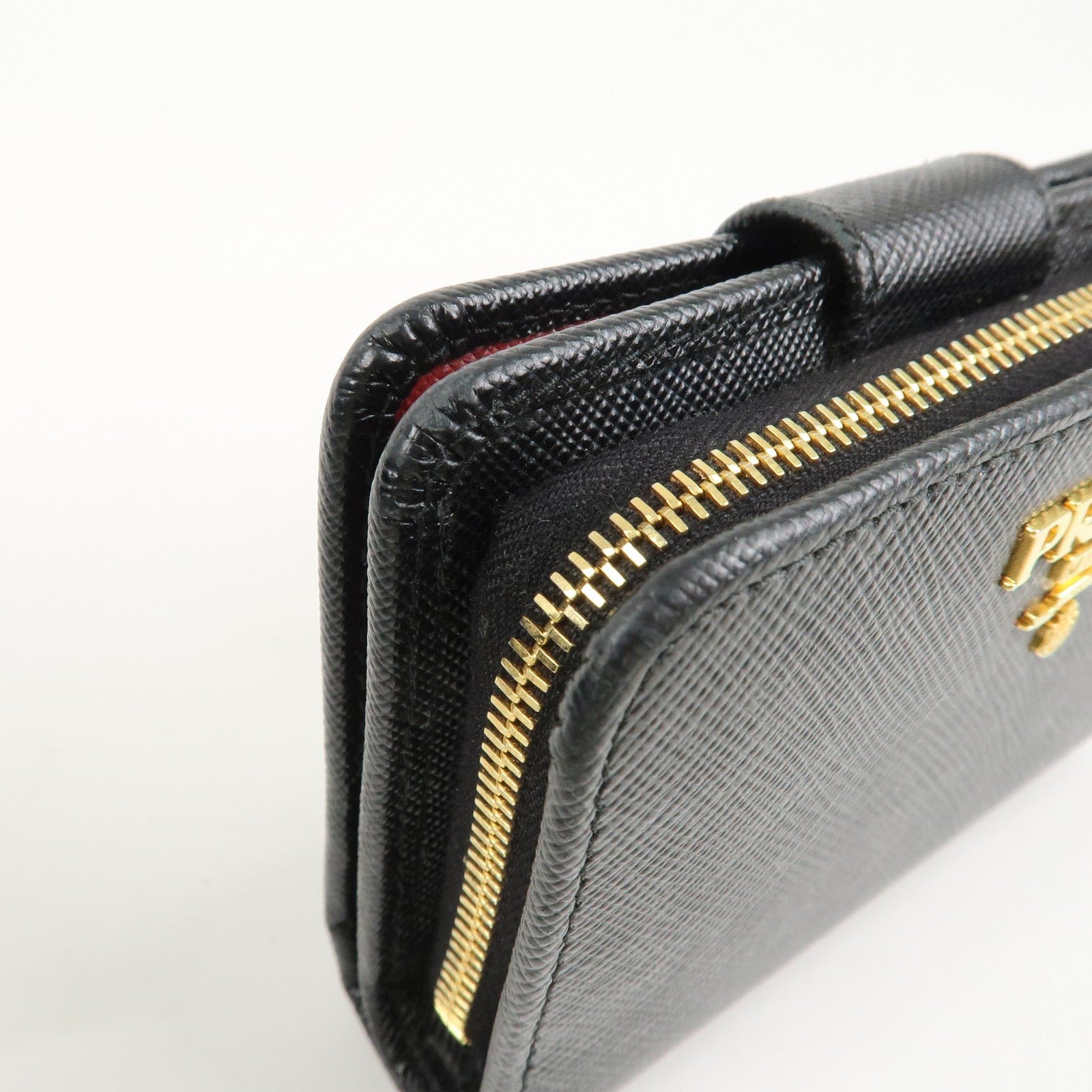prada saffiano leather bi fold wallet black red gold 1ml018 used prada saffiano leather bi fold wallet black red gold 1ml018 used