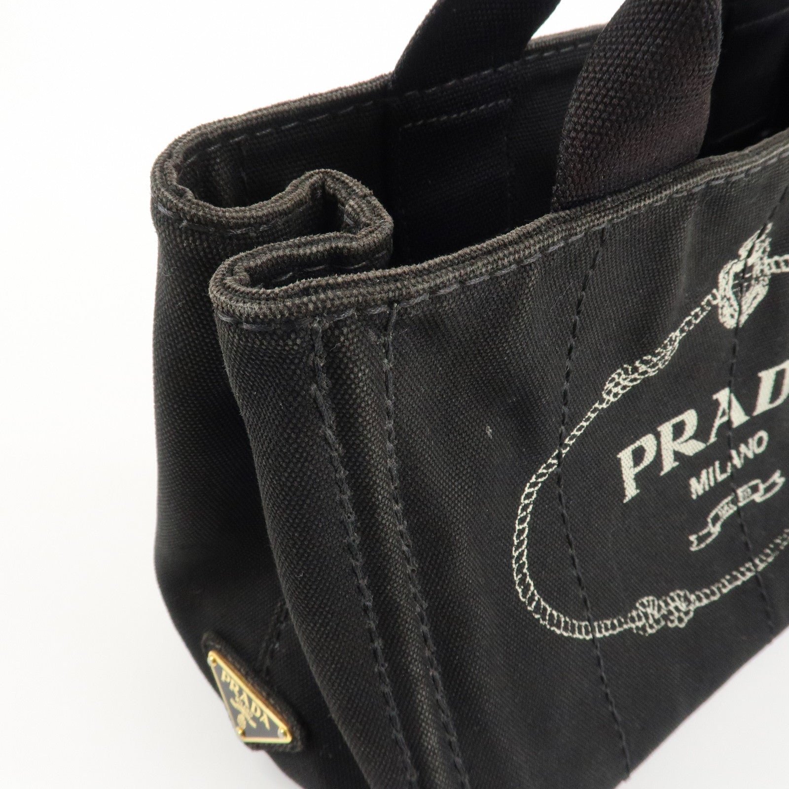 prada logo canapa mini canvas tote bag hand bag black bn2439 used prada logo canapa mini canvas tote bag hand bag black bn2439 used
