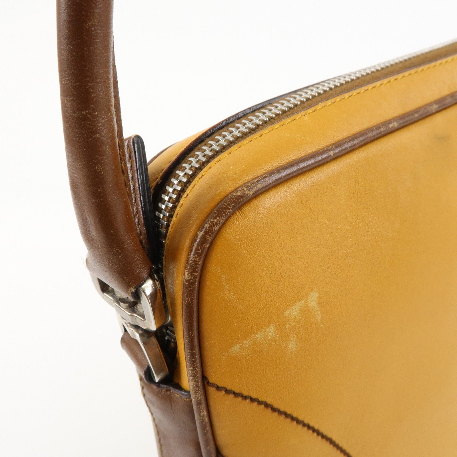 prada leather shoulder bag hand bag bi color mustard brown used prada leather shoulder bag hand bag bi color mustard brown used