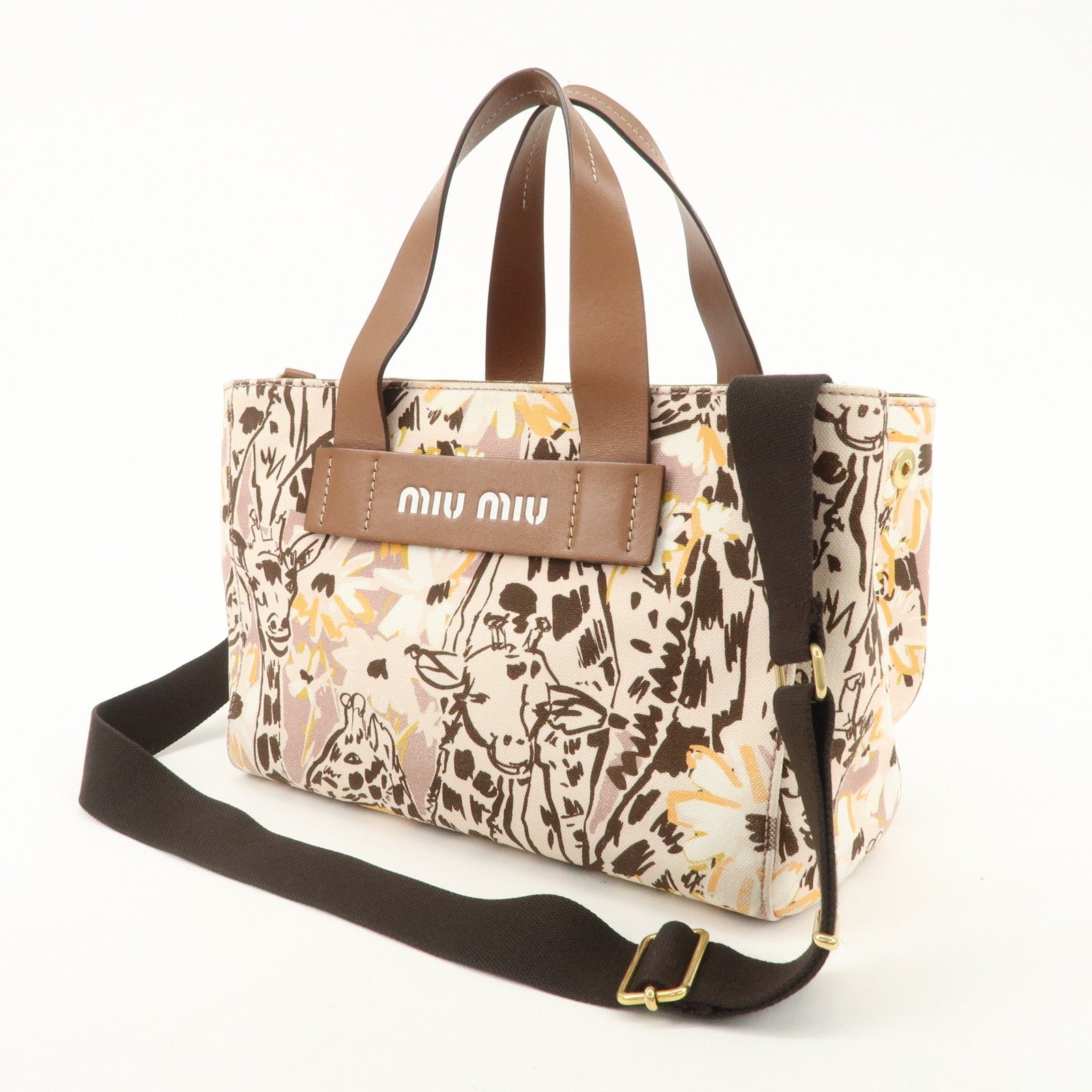 miu miu leather canvas 2way hand bag tote bag brown pink 5ba085 used miu miu leather canvas 2way hand bag tote bag brown pink 5ba085 used