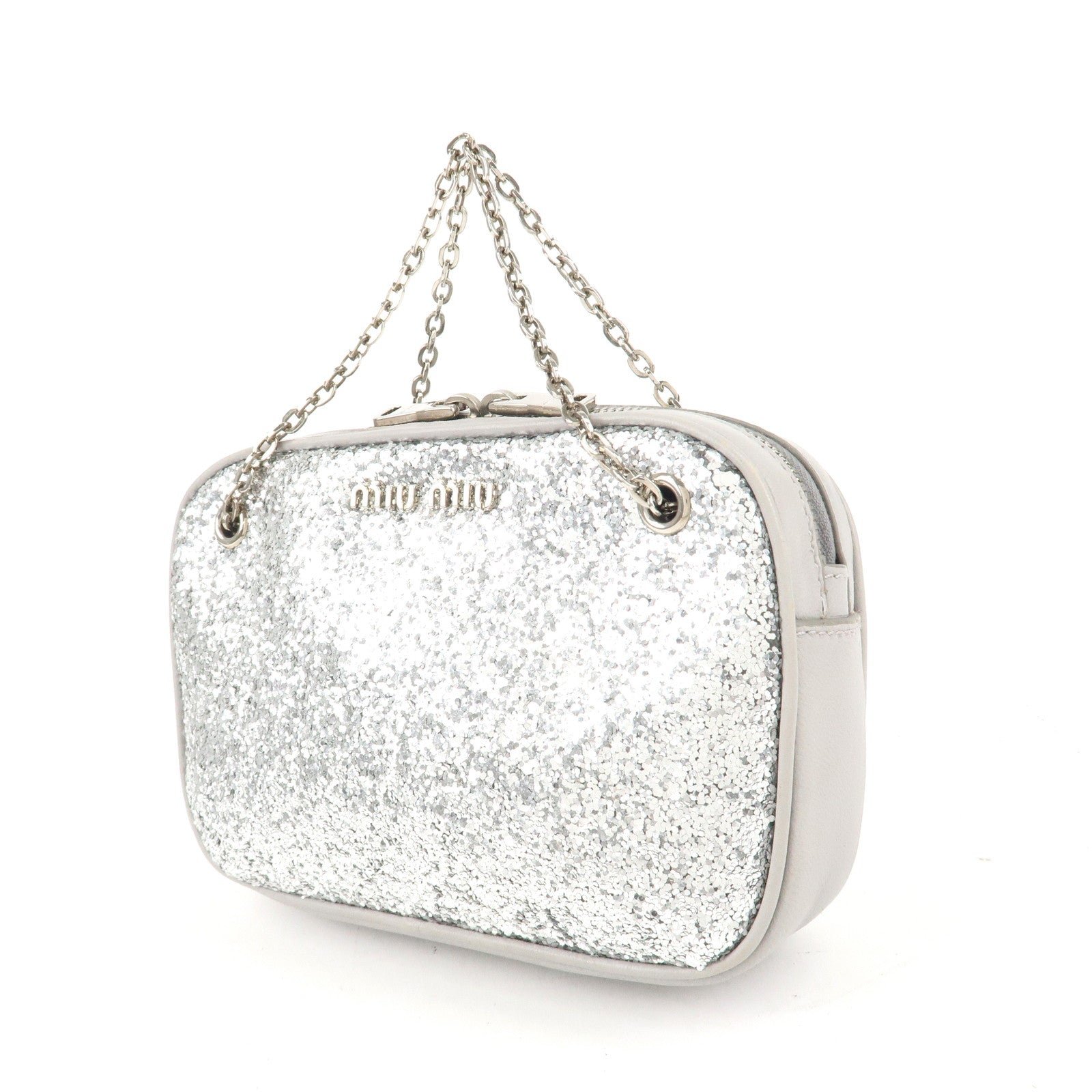 miu miu leather glitter pouch cosmetic pouch silver 5nd001 used miu miu leather glitter pouch cosmetic pouch silver 5nd001 used