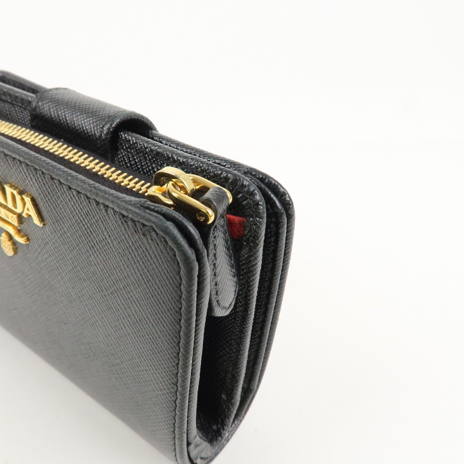 prada saffiano leather bi fold wallet black red gold 1ml018 used prada saffiano leather bi fold wallet black red gold 1ml018 used