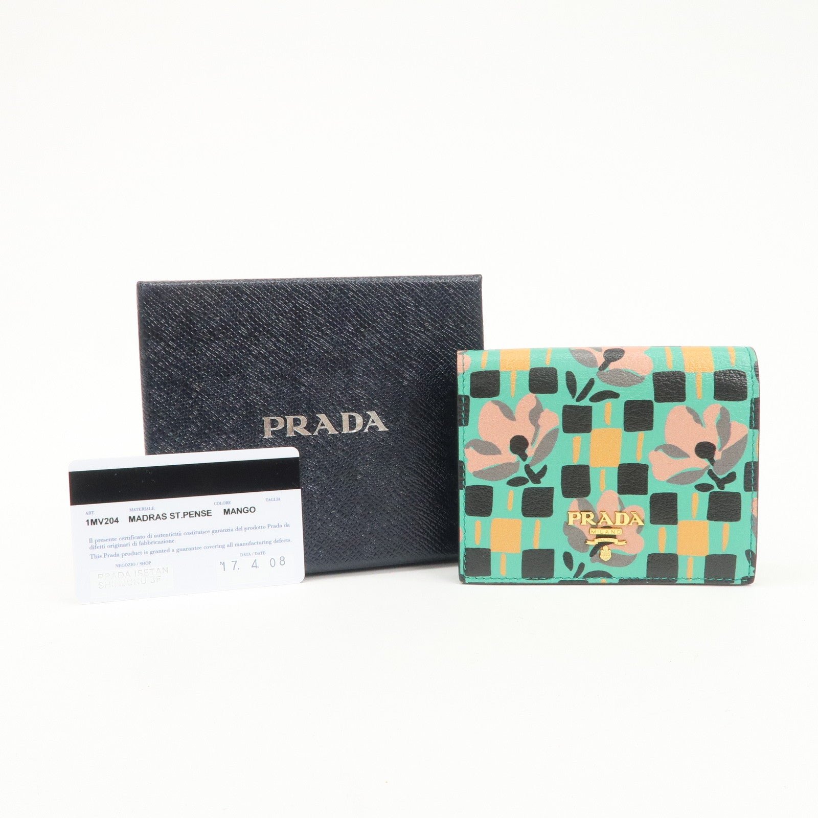 prada leather compact wallet floral print green gold hdw 1mv204 used prada leather compact wallet floral print green gold hdw 1mv204 used