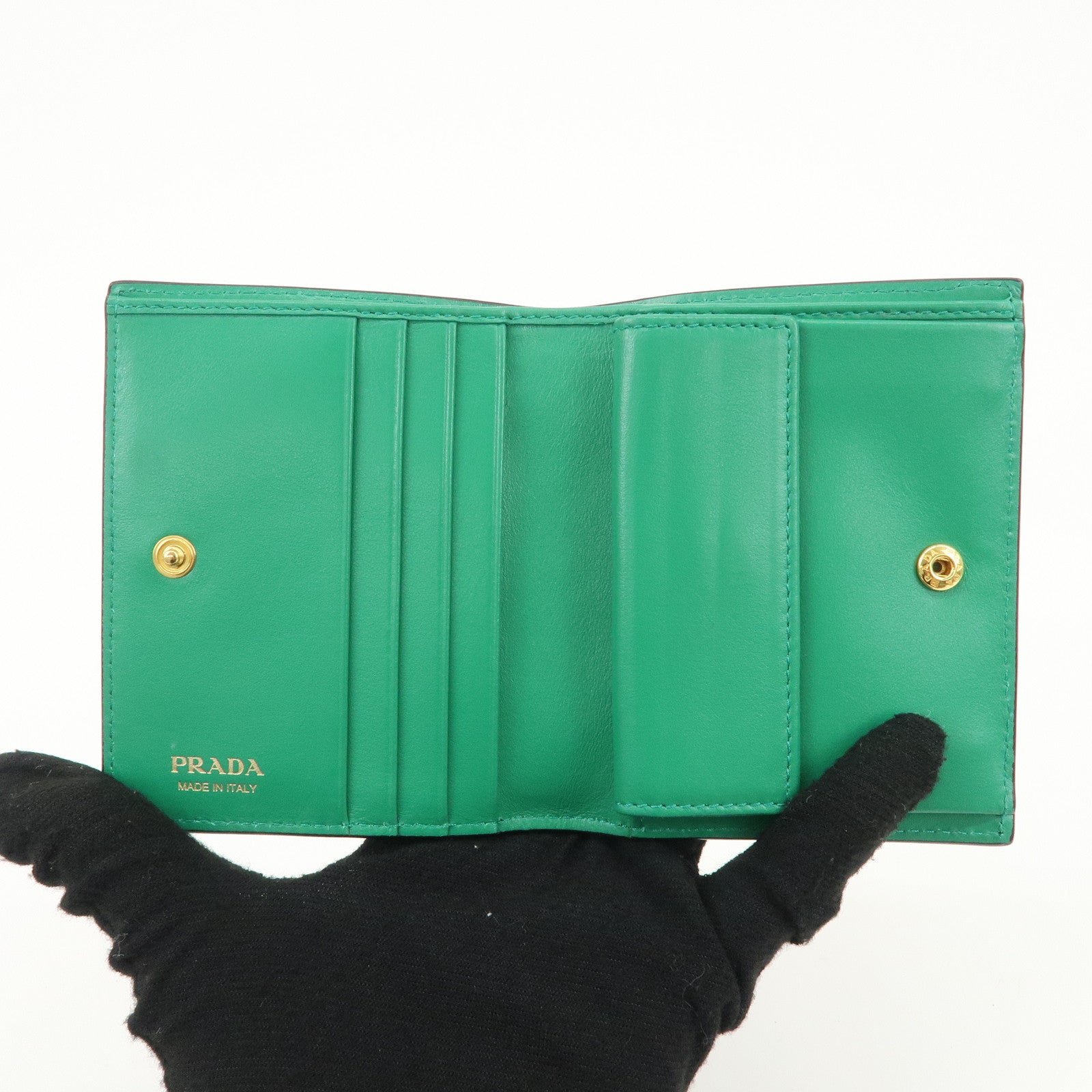 prada leather compact wallet floral print green gold hdw 1mv204 used prada leather compact wallet floral print green gold hdw 1mv204 used