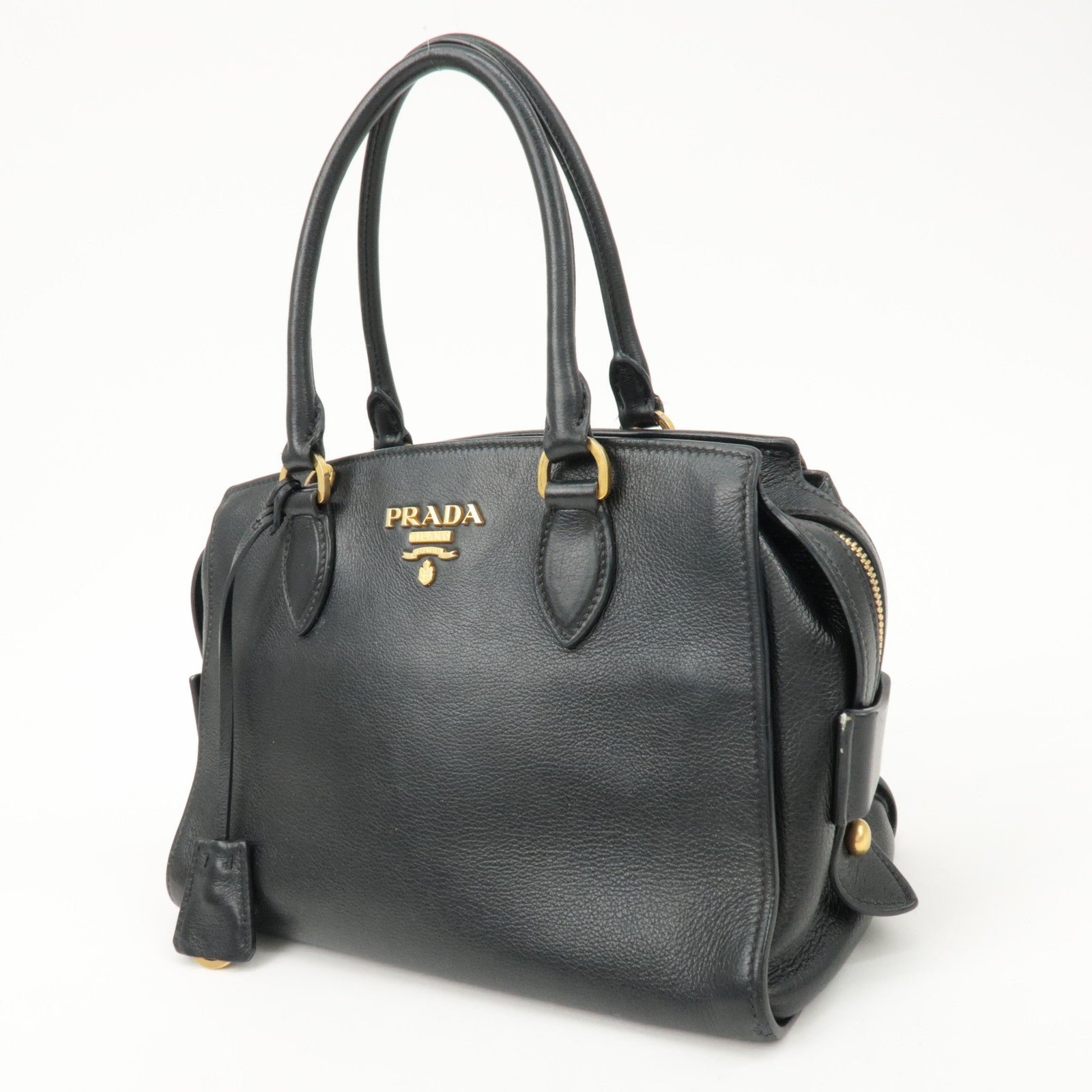 prada leather 2way bag shoulder hand bag black gold used prada leather 2way bag shoulder hand bag black gold used