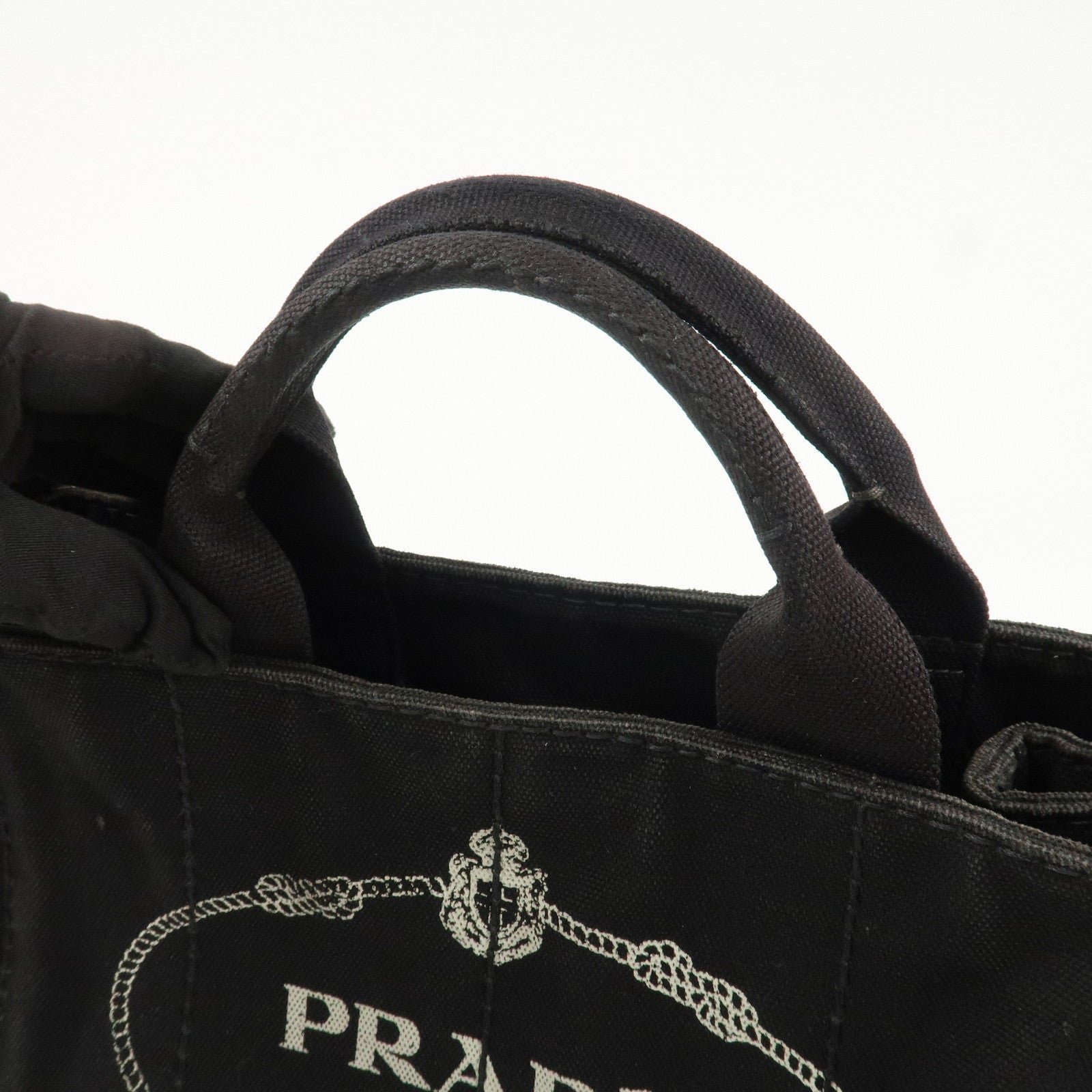 prada logo canapa mini canvas tote bag hand bag black bn2439 used prada logo canapa mini canvas tote bag hand bag black bn2439 used