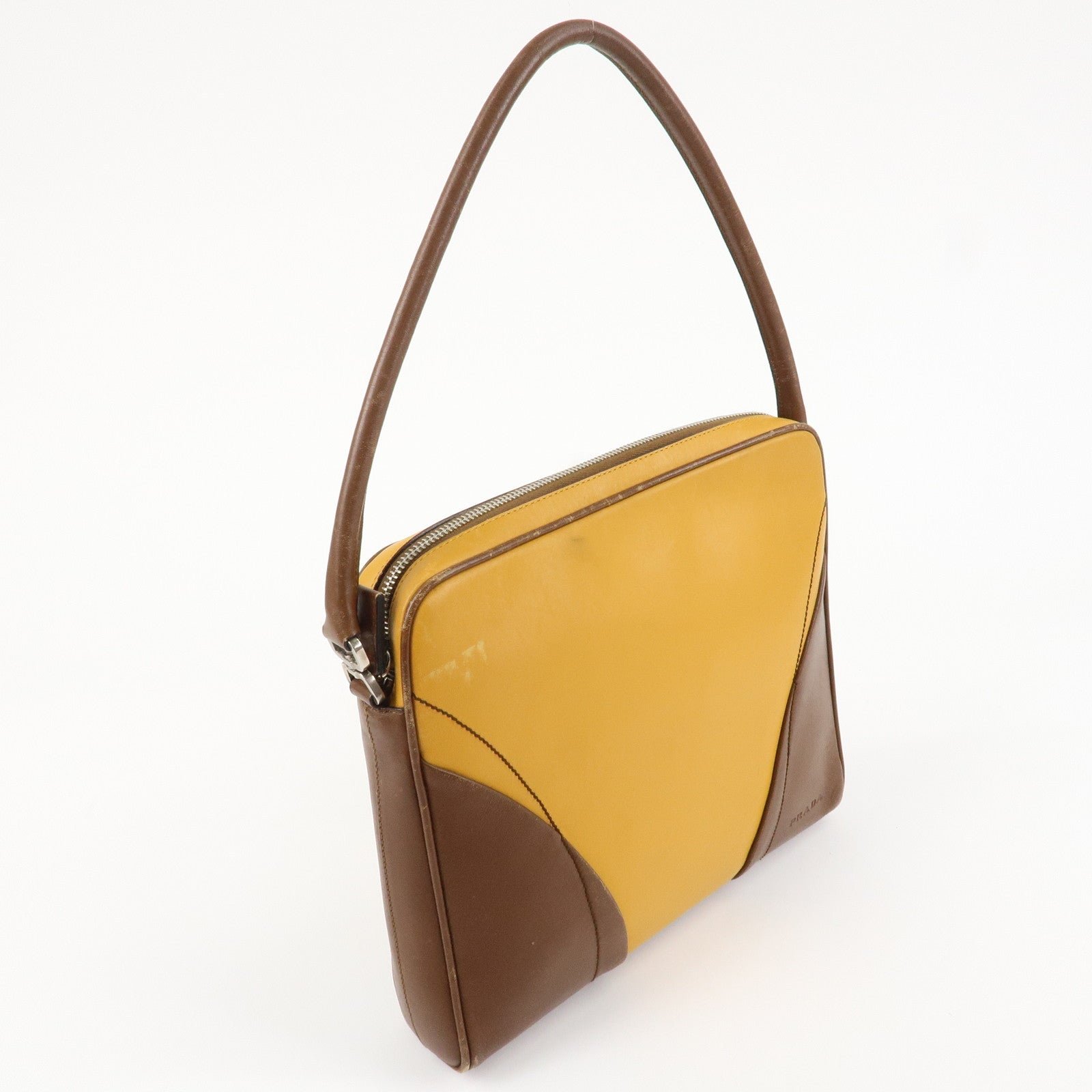 prada leather shoulder bag hand bag bi color mustard brown used prada leather shoulder bag hand bag bi color mustard brown used