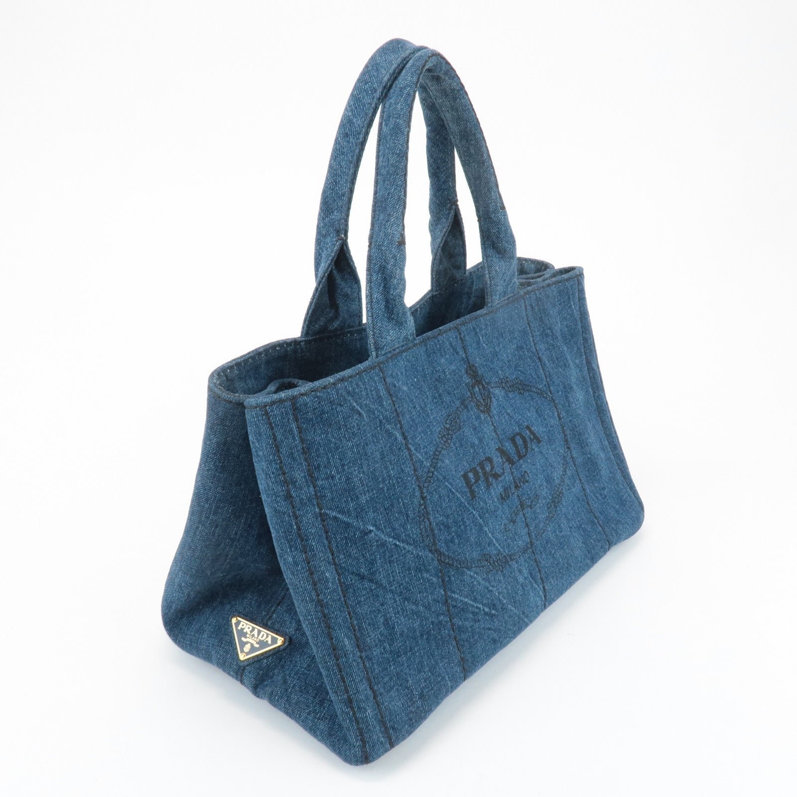 prada triangle logo canapa canvas denim hand bag navy b1877b used prada triangle logo canapa canvas denim hand bag navy b1877b used
