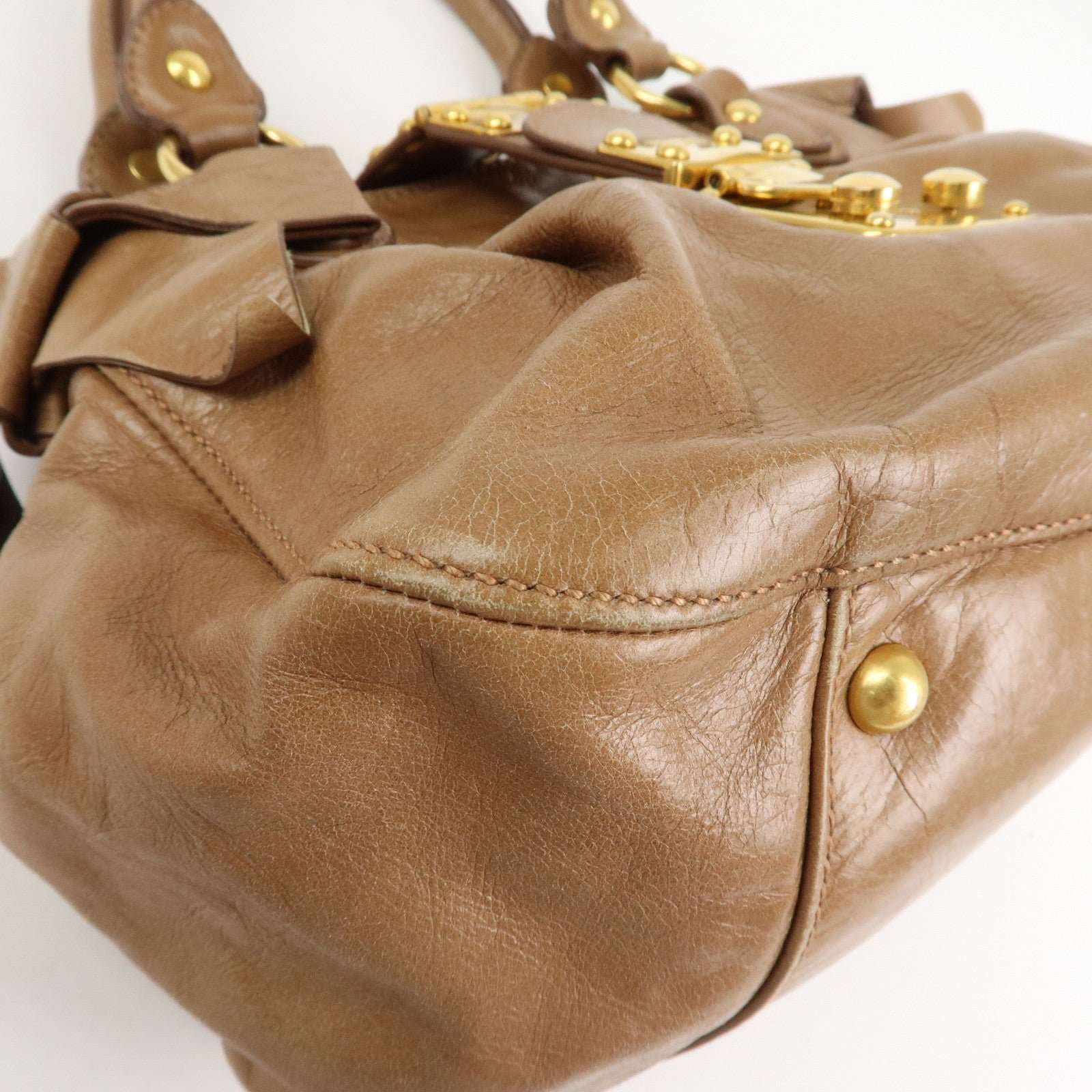 miu miu leather side ribbon 2way bag hand bag beige gold miu miu leather side ribbon 2way bag hand bag beige gold