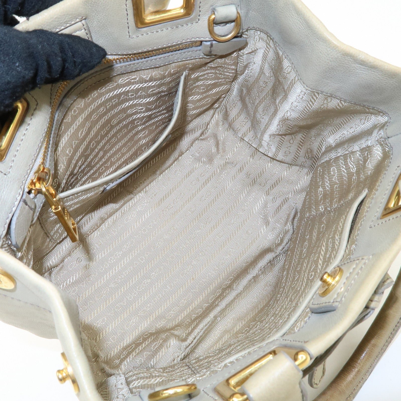 prada logo ribon leather 2way tote bag hand bag beige gold hdw bn2245 used prada logo ribon leather 2way tote bag hand bag beige gold hdw bn2245 used