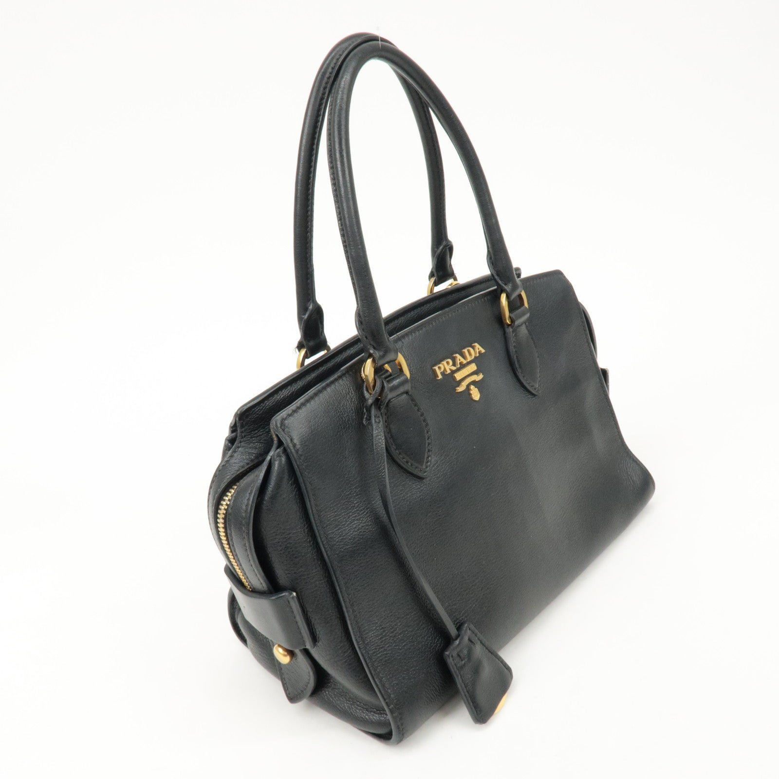 prada leather 2way bag shoulder hand bag black gold used prada leather 2way bag shoulder hand bag black gold used