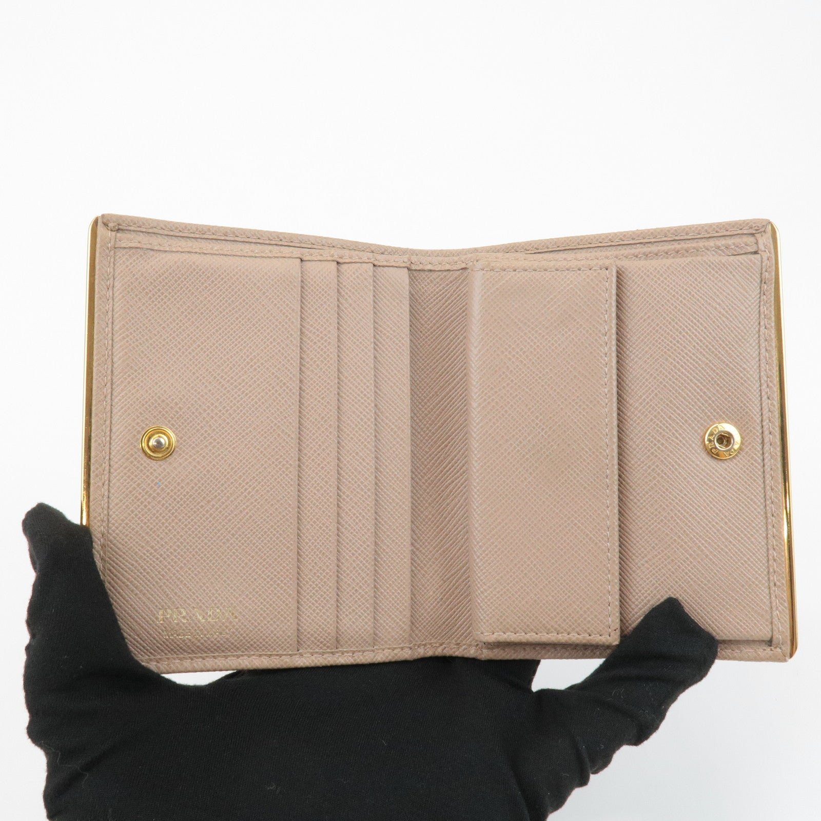 prada logo saffiano leather bi fold small wallet beige 1mv204 used prada logo saffiano leather bi fold small wallet beige 1mv204 used