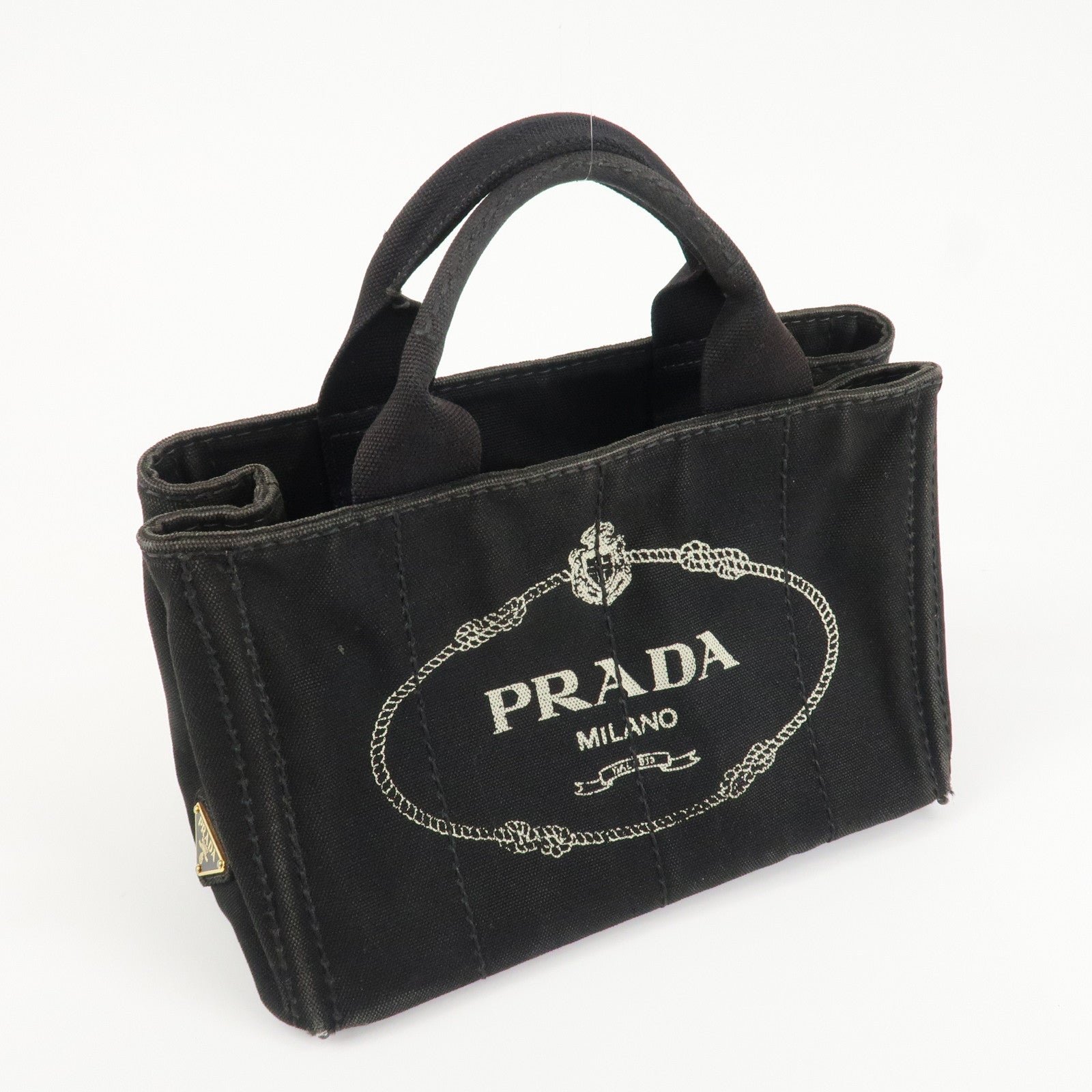 prada logo canapa mini canvas tote bag hand bag black bn2439 used prada logo canapa mini canvas tote bag hand bag black bn2439 used
