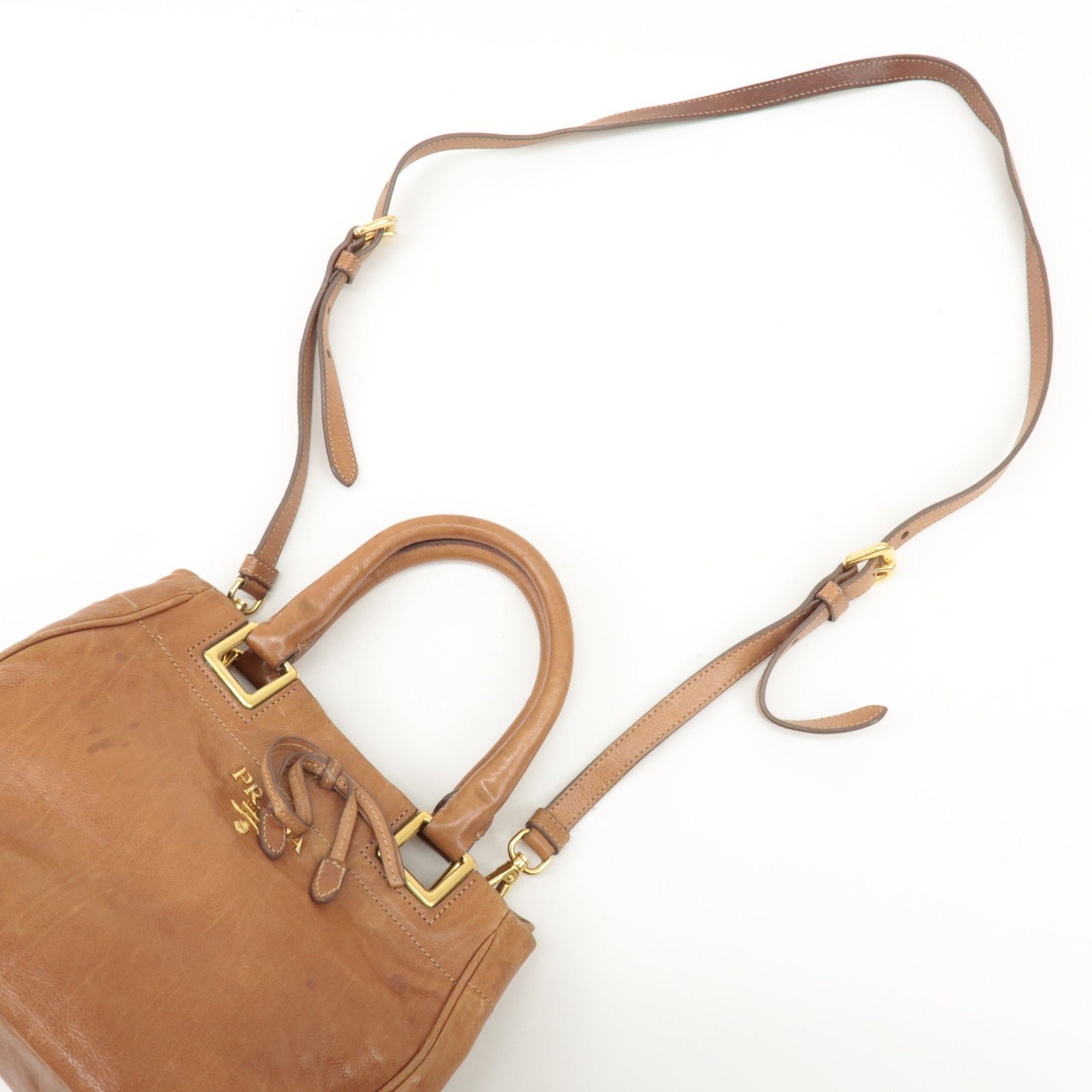 prada logo leather ribbon 2way bag hand bag brown bn2245 used prada logo leather ribbon 2way bag hand bag brown bn2245 used