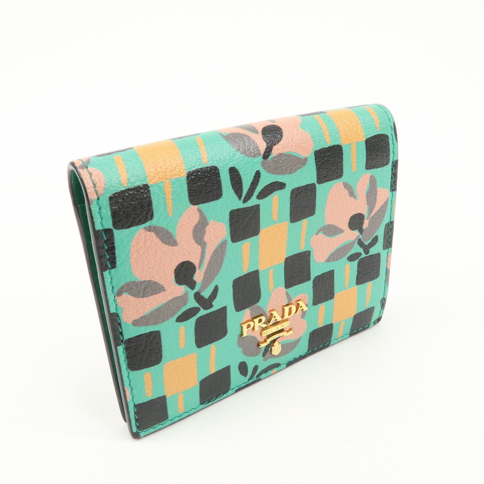 prada leather compact wallet floral print green gold hdw 1mv204 used prada leather compact wallet floral print green gold hdw 1mv204 used
