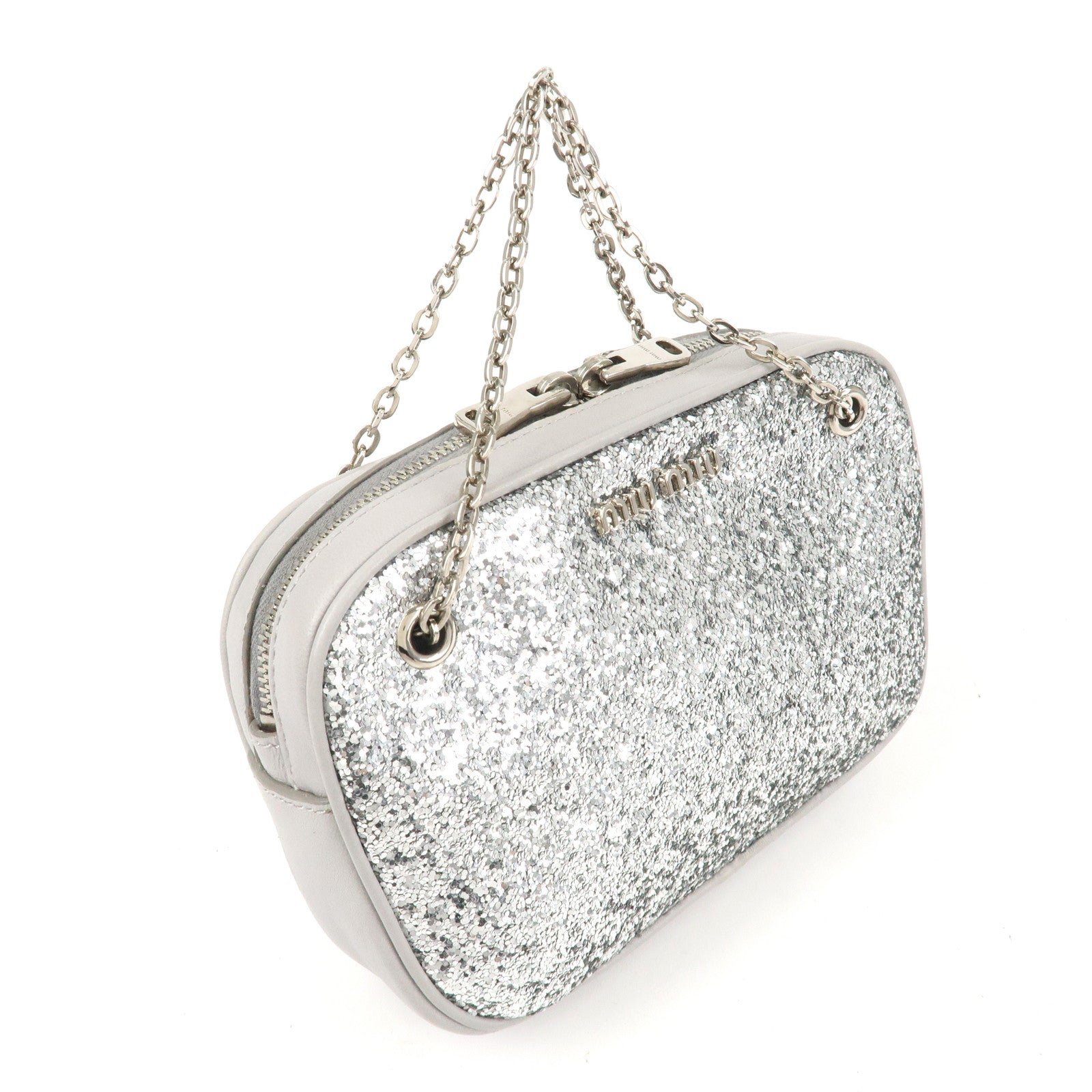 miu miu leather glitter pouch cosmetic pouch silver 5nd001 used miu miu leather glitter pouch cosmetic pouch silver 5nd001 used