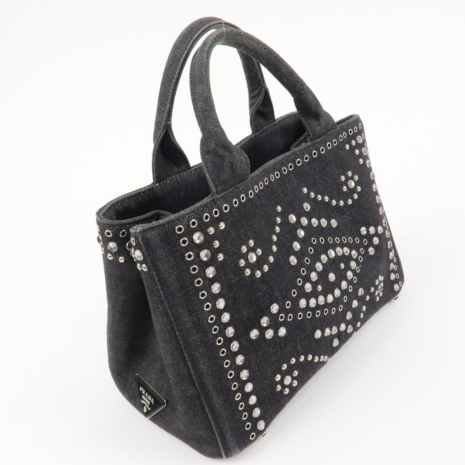 prada canapa mini canvas studs 2way shoulder bag hand bag black b2439g used prada canapa mini canvas studs 2way shoulder bag hand bag black b2439g used