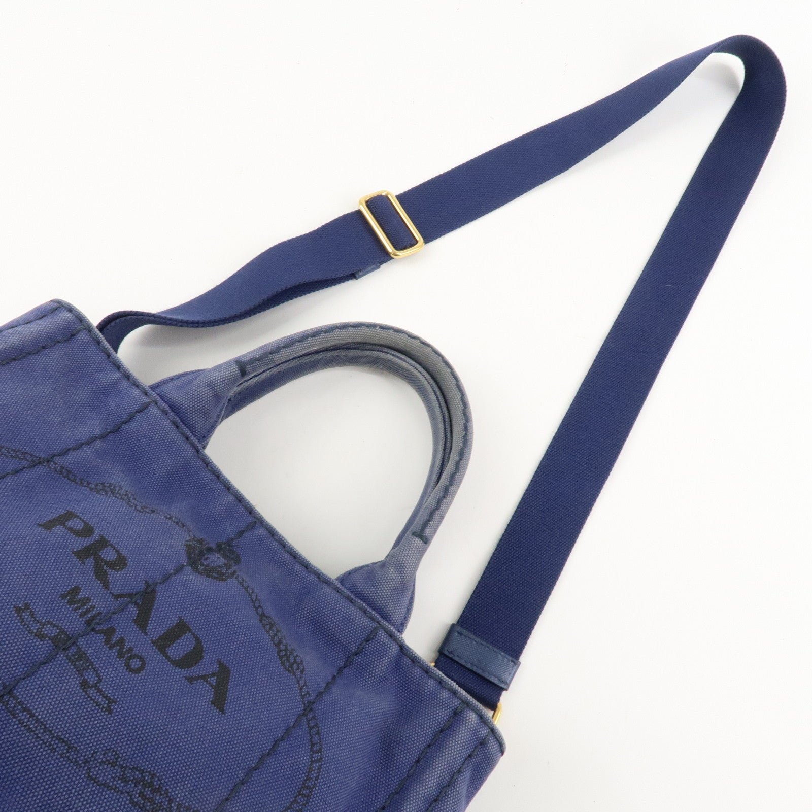 prada logo canapa canvas 2way tote bag hand bag navy b2642b used prada logo canapa canvas 2way tote bag hand bag navy b2642b used