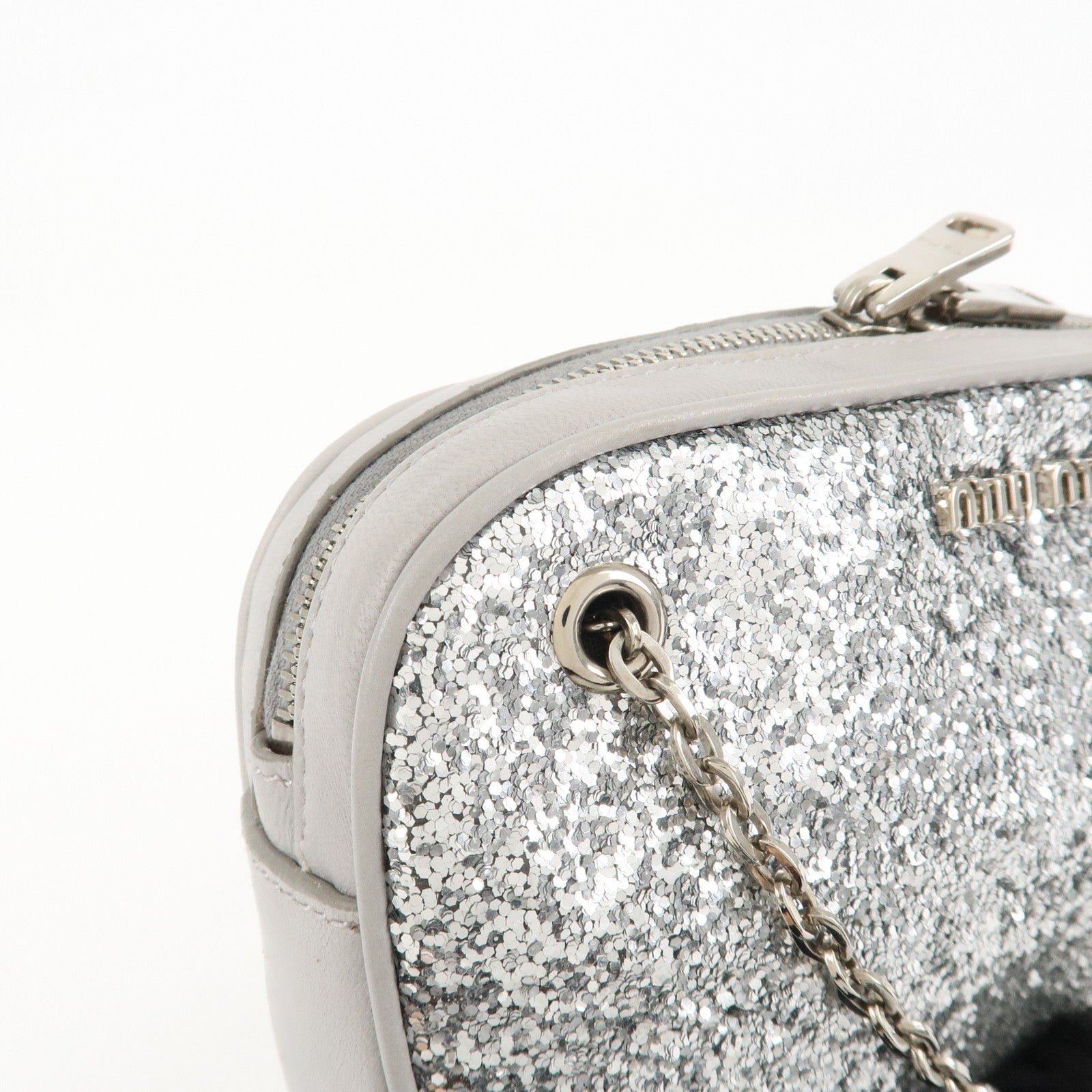 miu miu leather glitter pouch cosmetic pouch silver 5nd001 used miu miu leather glitter pouch cosmetic pouch silver 5nd001 used