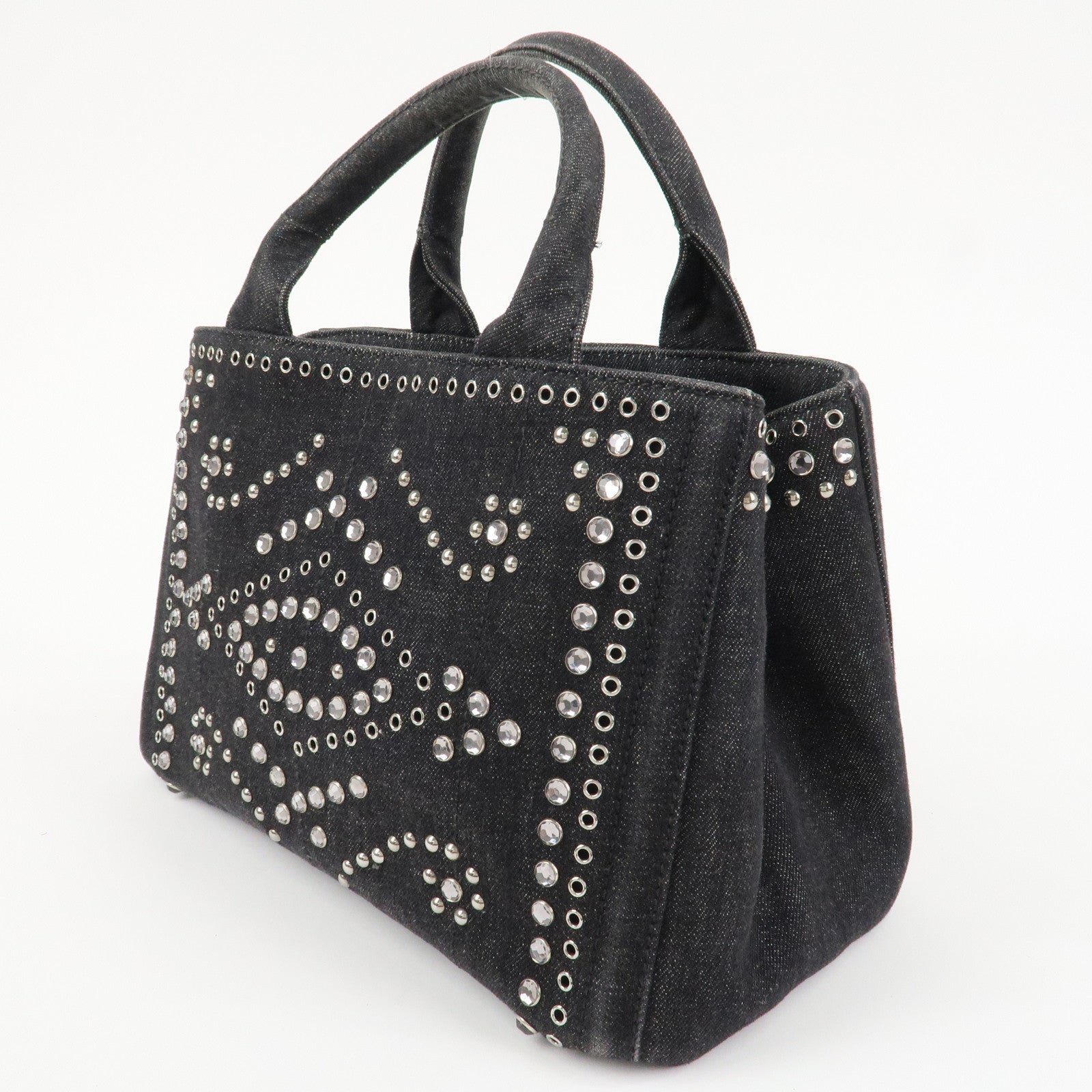 prada canapa mini canvas studs 2way shoulder bag hand bag black b2439g used prada canapa mini canvas studs 2way shoulder bag hand bag black b2439g used