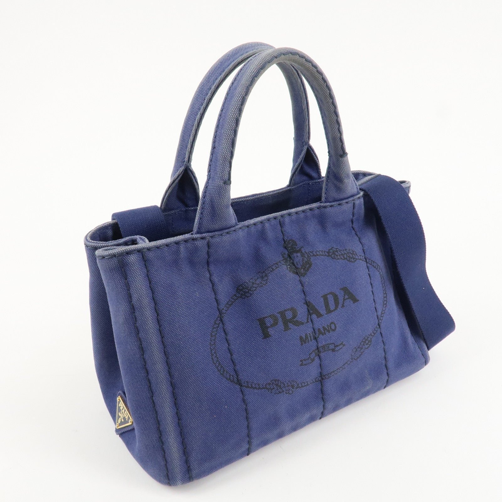 prada logo canapa canvas 2way tote bag hand bag navy b2642b used prada logo canapa canvas 2way tote bag hand bag navy b2642b used