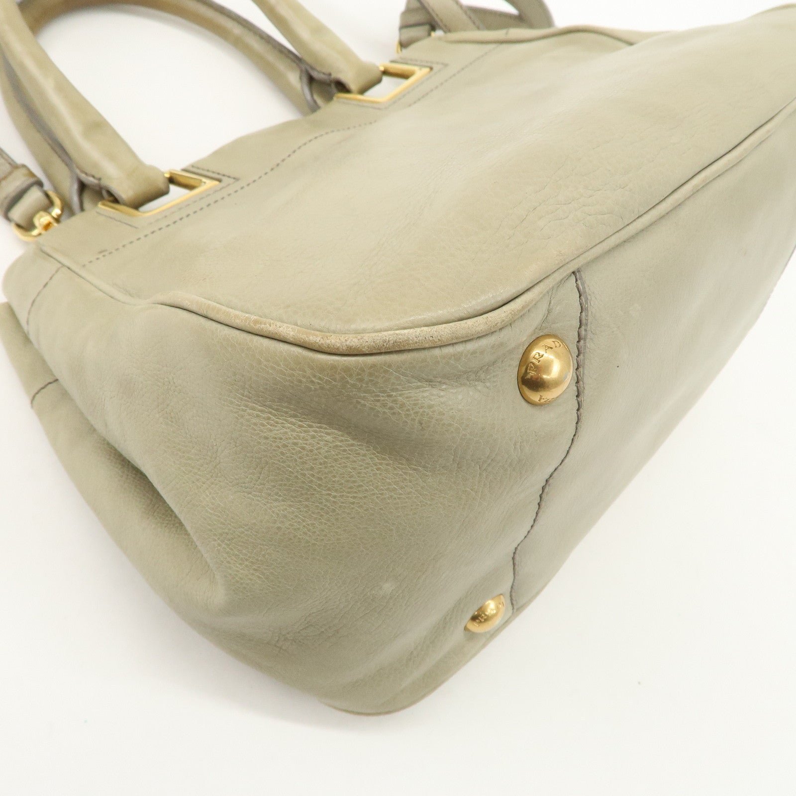 prada logo ribon leather 2way tote bag hand bag beige gold hdw bn2245 used prada logo ribon leather 2way tote bag hand bag beige gold hdw bn2245 used