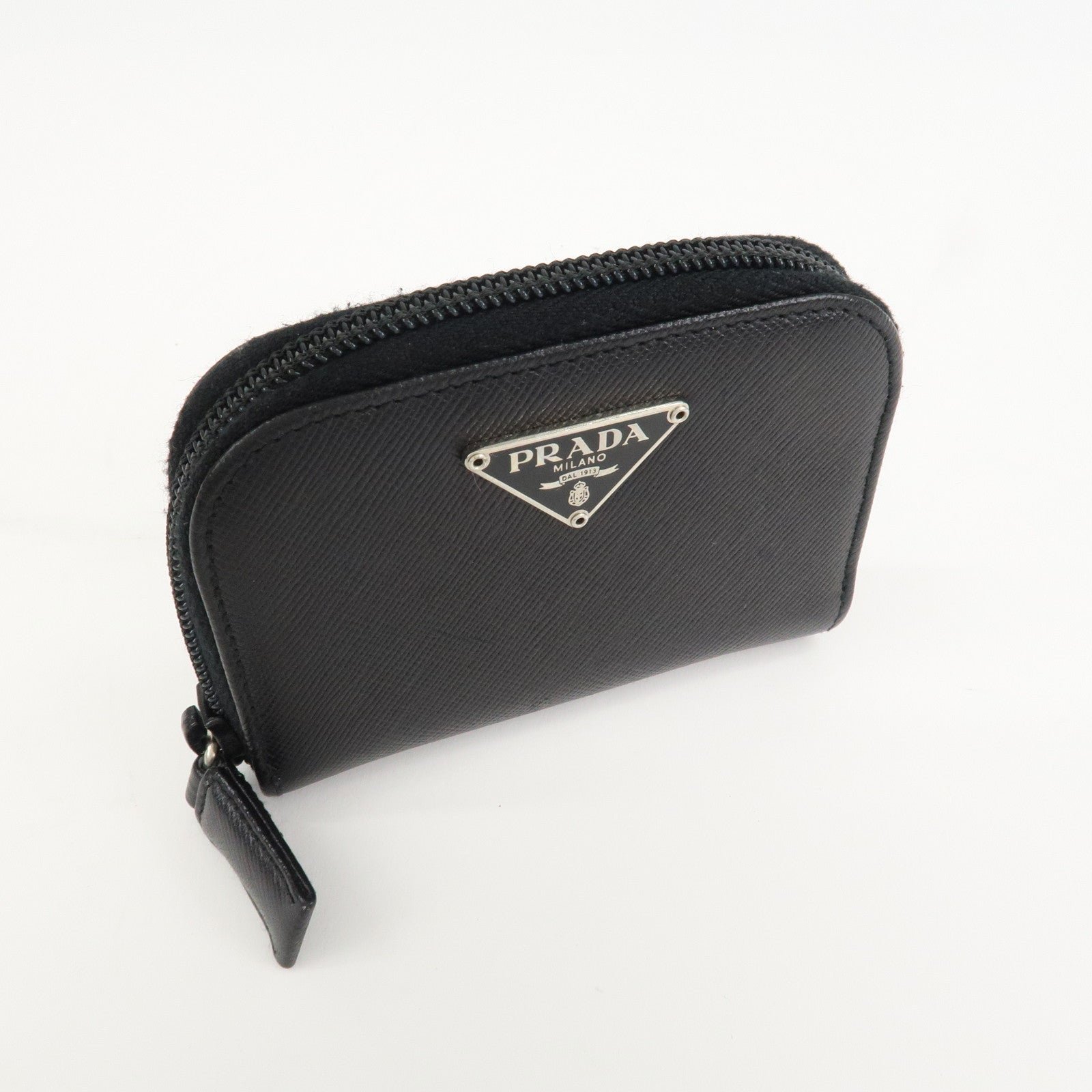 prada triangle logo saffiano leather round zippy coin case black prada triangle logo saffiano leather round zippy coin case black