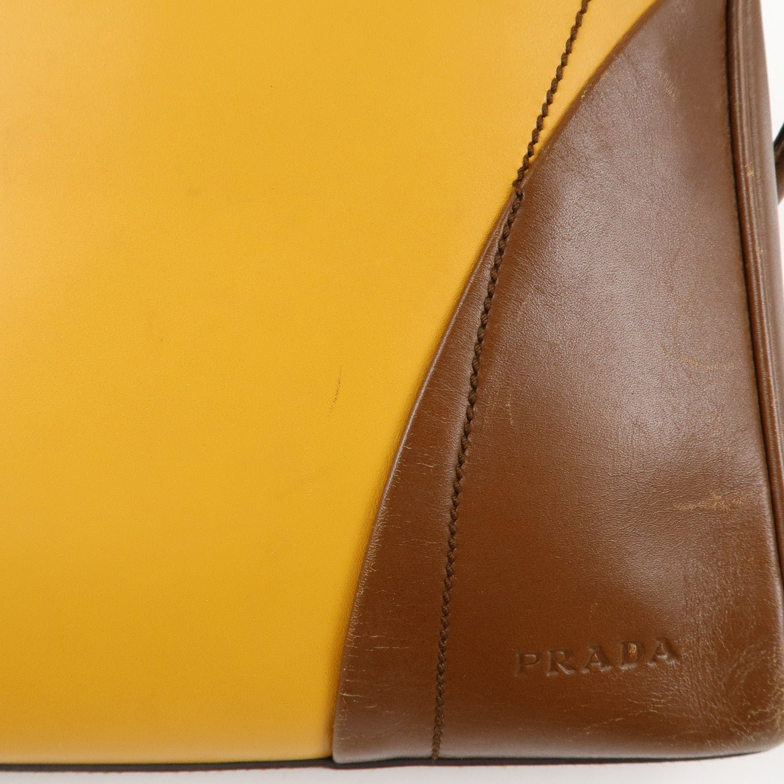 prada leather shoulder bag hand bag bi color mustard brown used prada leather shoulder bag hand bag bi color mustard brown used
