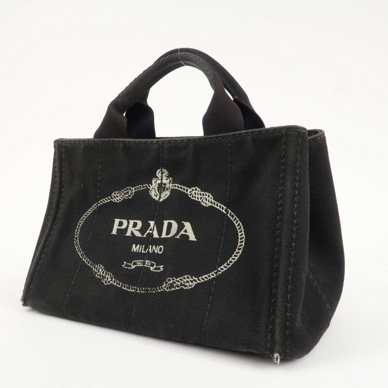 prada logo canapa mini canvas tote bag hand bag black bn2439 used prada logo canapa mini canvas tote bag hand bag black bn2439 used