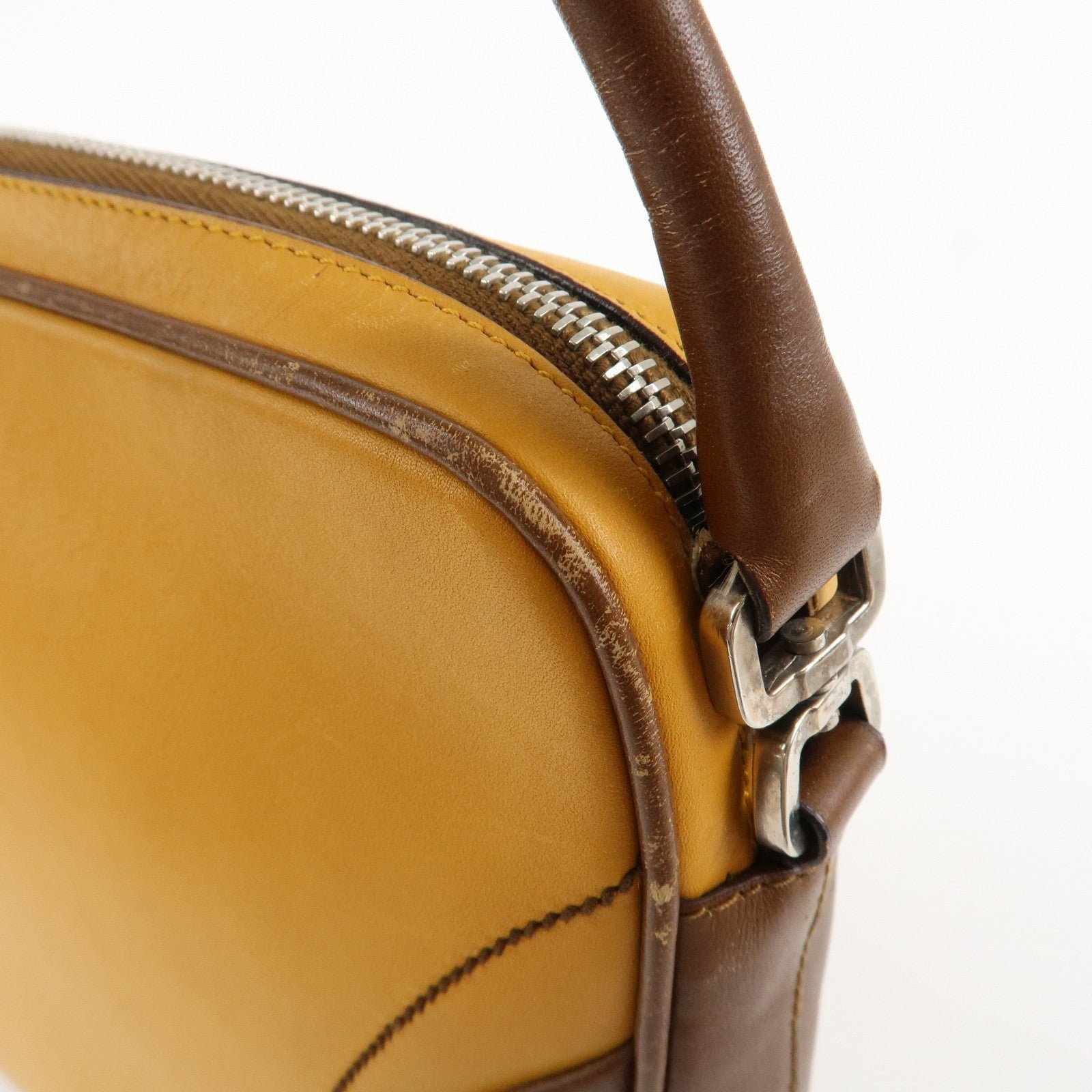prada leather shoulder bag hand bag bi color mustard brown used prada leather shoulder bag hand bag bi color mustard brown used