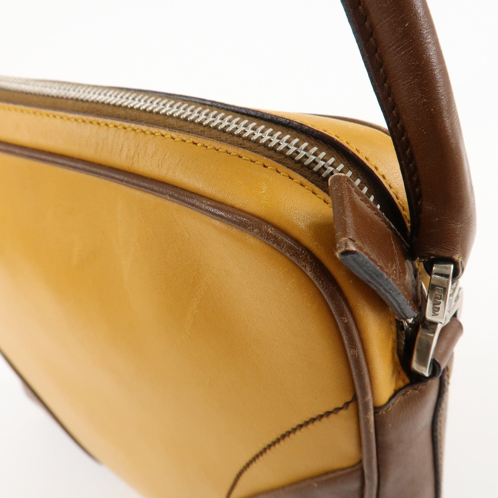 prada leather shoulder bag hand bag bi color mustard brown used prada leather shoulder bag hand bag bi color mustard brown used