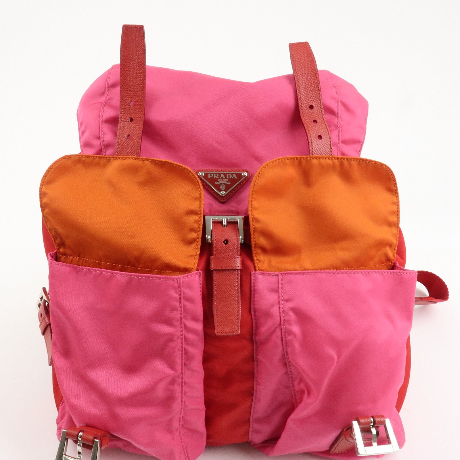 prada triangle logo nylon leather backpack ruck sack pink b6677 used prada triangle logo nylon leather backpack ruck sack pink b6677 used