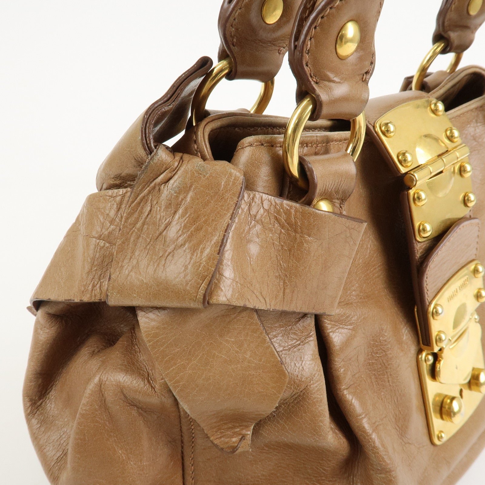 miu miu leather side ribbon 2way bag hand bag beige gold miu miu leather side ribbon 2way bag hand bag beige gold