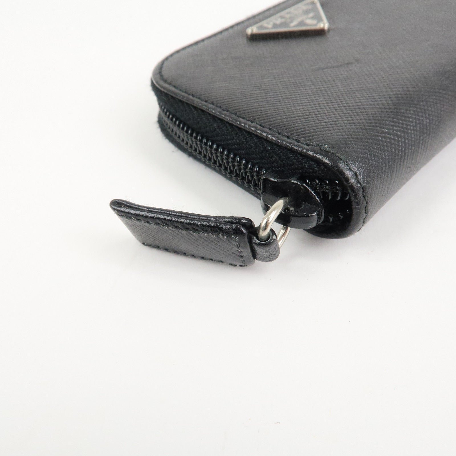 prada triangle logo saffiano leather round zippy coin case black prada triangle logo saffiano leather round zippy coin case black