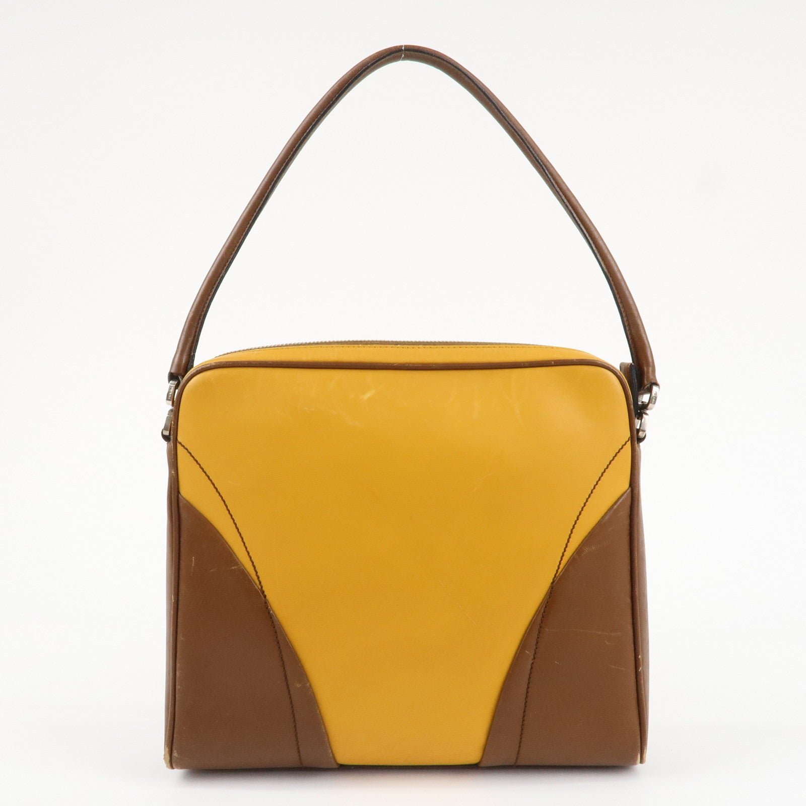 prada leather shoulder bag hand bag bi color mustard brown used prada leather shoulder bag hand bag bi color mustard brown used