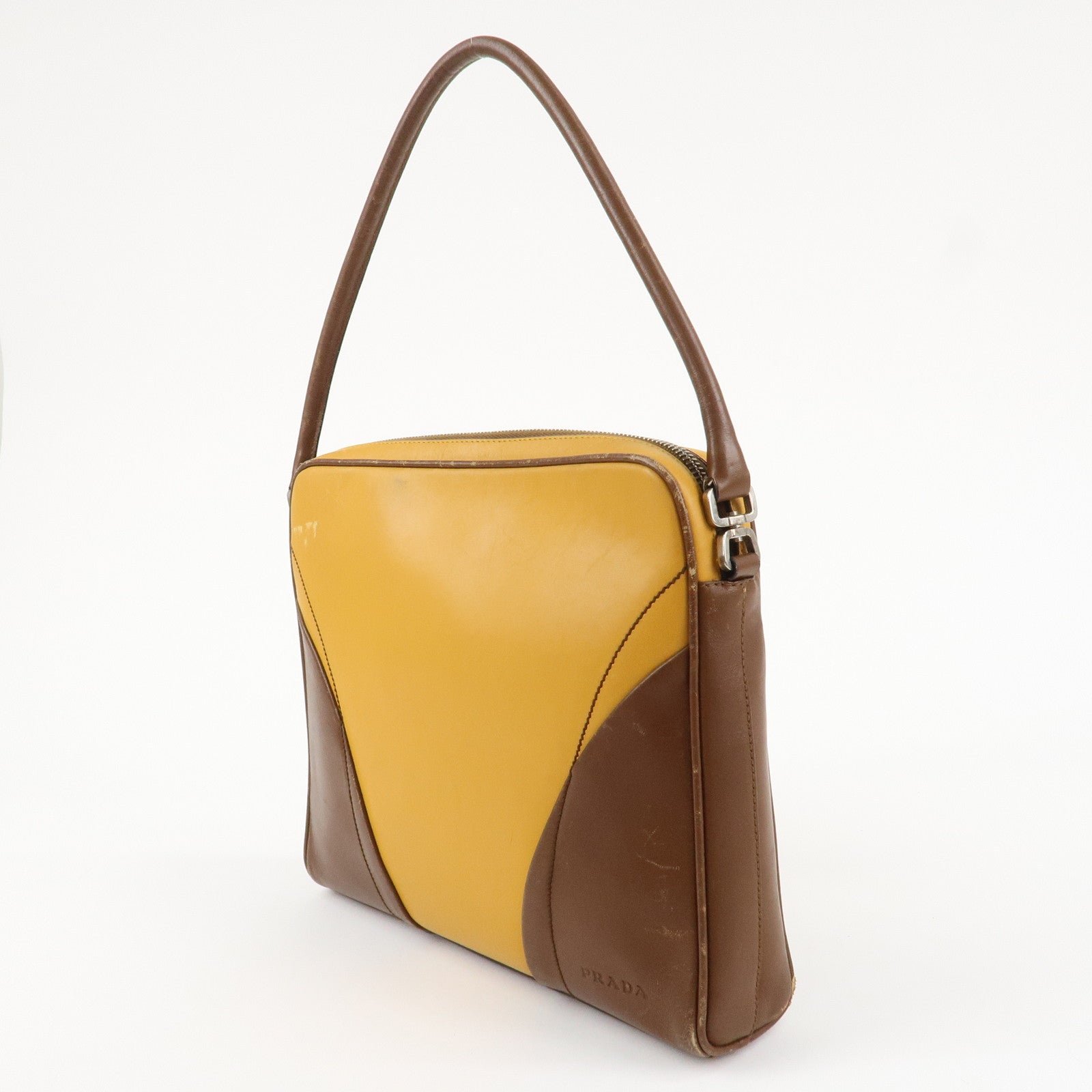prada leather shoulder bag hand bag bi color mustard brown used prada leather shoulder bag hand bag bi color mustard brown used