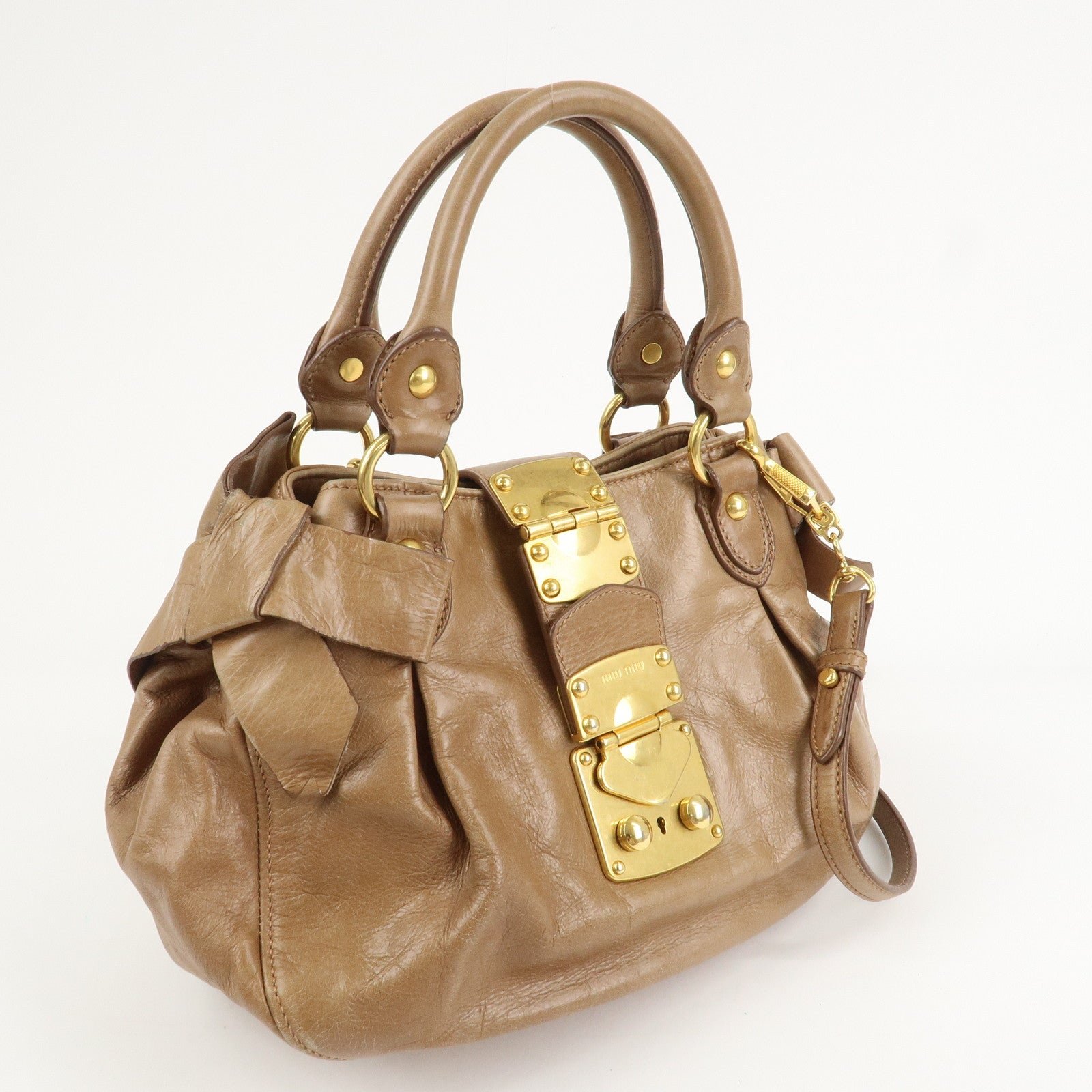 miu miu leather side ribbon 2way bag hand bag beige gold miu miu leather side ribbon 2way bag hand bag beige gold