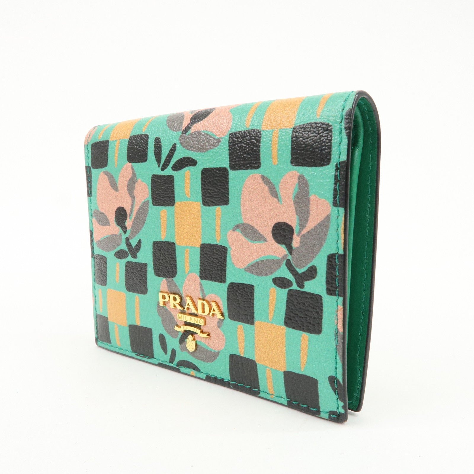 prada leather compact wallet floral print green gold hdw 1mv204 used prada leather compact wallet floral print green gold hdw 1mv204 used