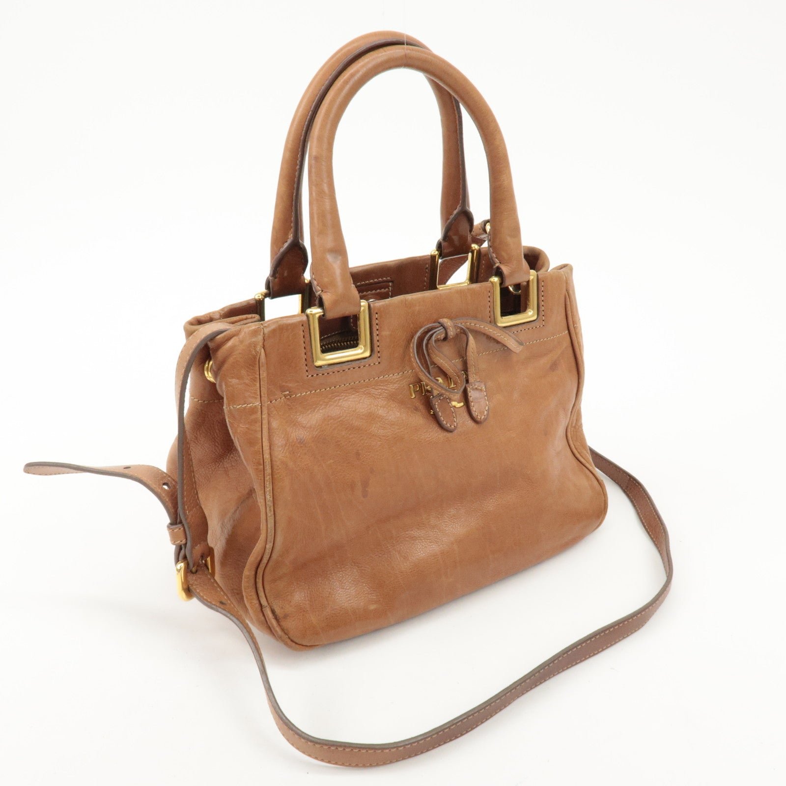 prada logo leather ribbon 2way bag hand bag brown bn2245 used prada logo leather ribbon 2way bag hand bag brown bn2245 used