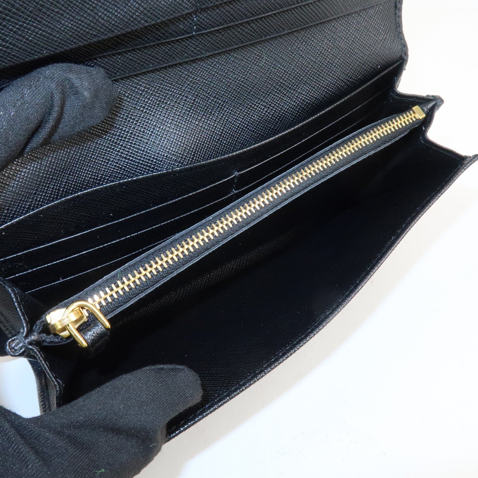 prada saffiano leather flap bi fold long wallet black gold 1mh132 used prada saffiano leather flap bi fold long wallet black gold 1mh132 used