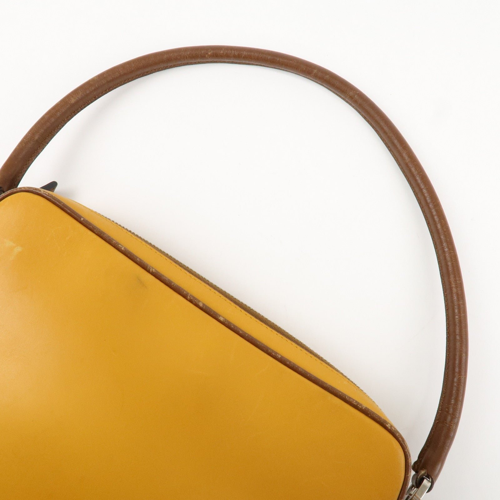 prada leather shoulder bag hand bag bi color mustard brown used prada leather shoulder bag hand bag bi color mustard brown used